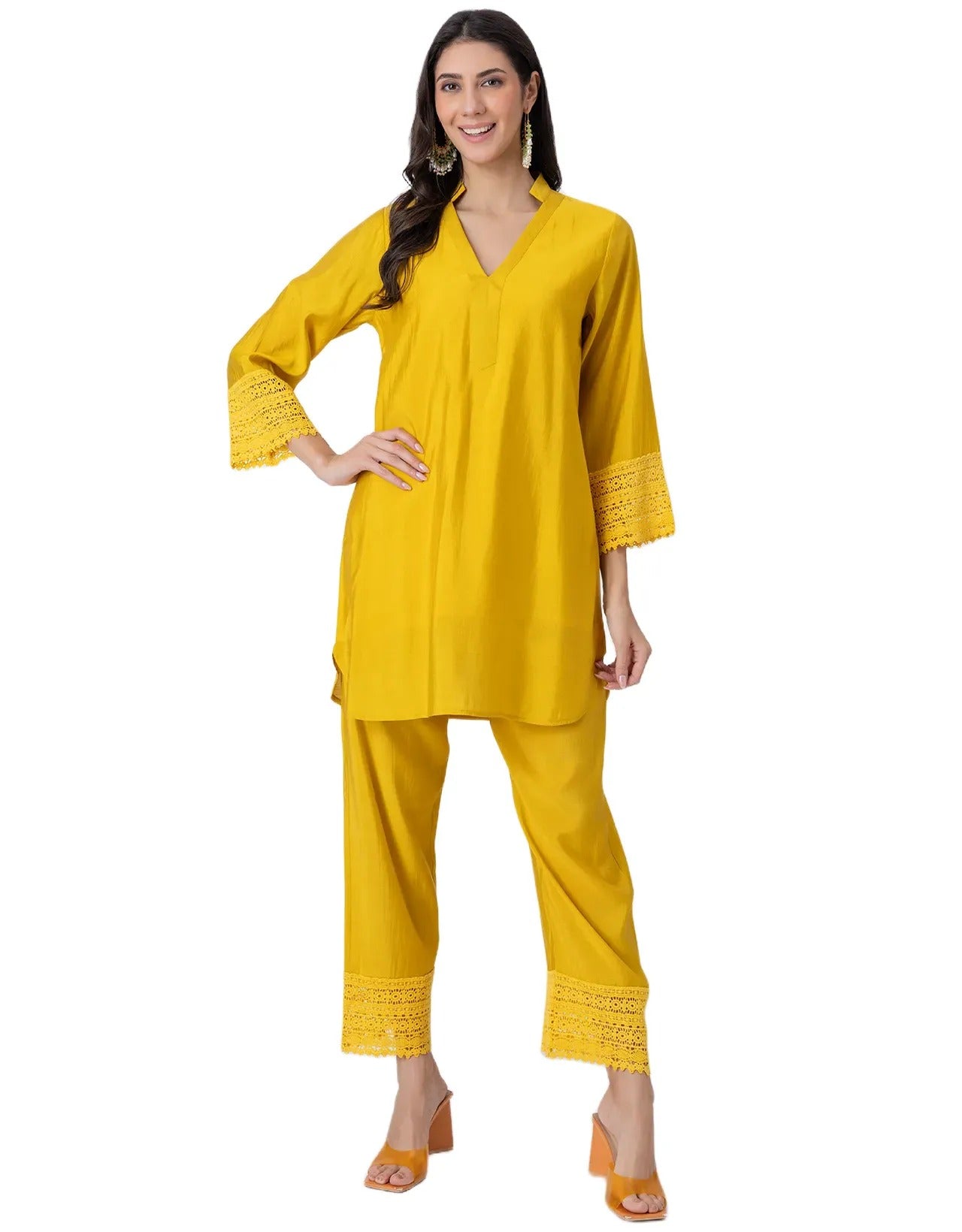 Women's Kurta and Pant Set Lace Detail Designer Co-ord Set
