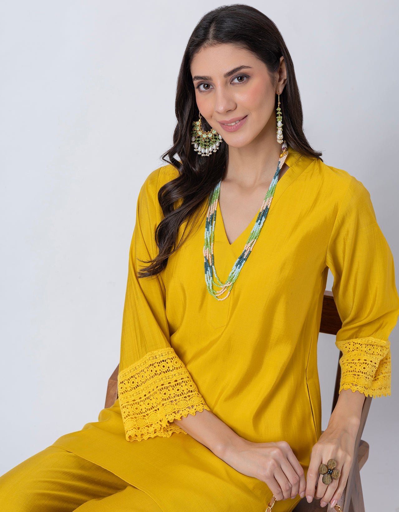 Women's Kurta and Pant Set Lace Detail Designer Co-ord Set