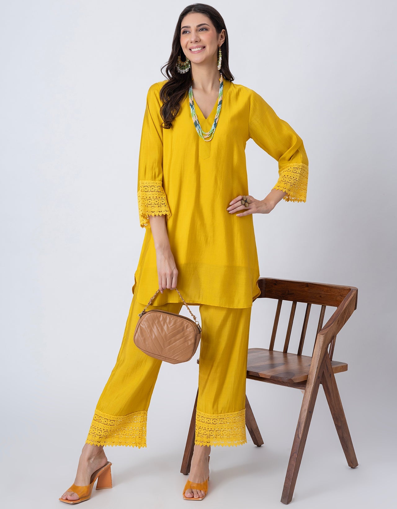 Women's Kurta and Pant Set Lace Detail Designer Co-ord Set