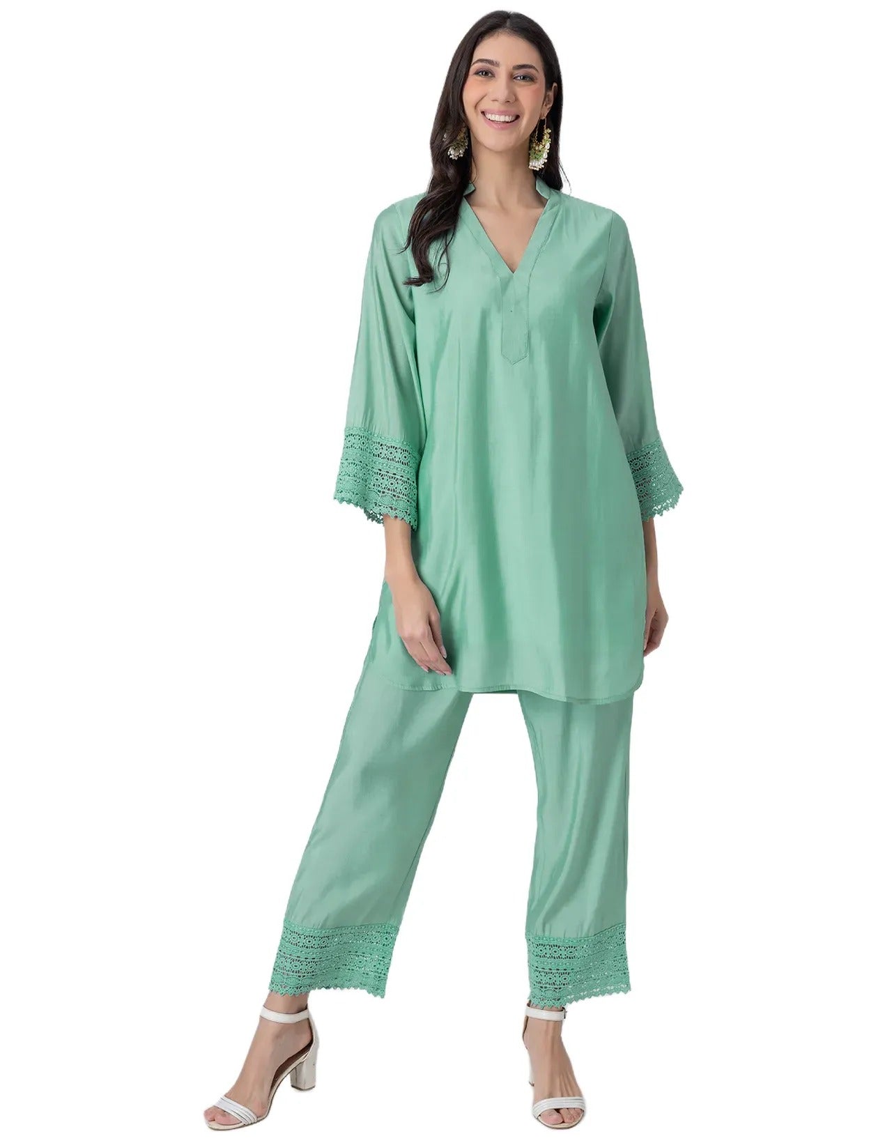 Women's Kurta and Pant Set Lace Detail Designer Co-ord Set