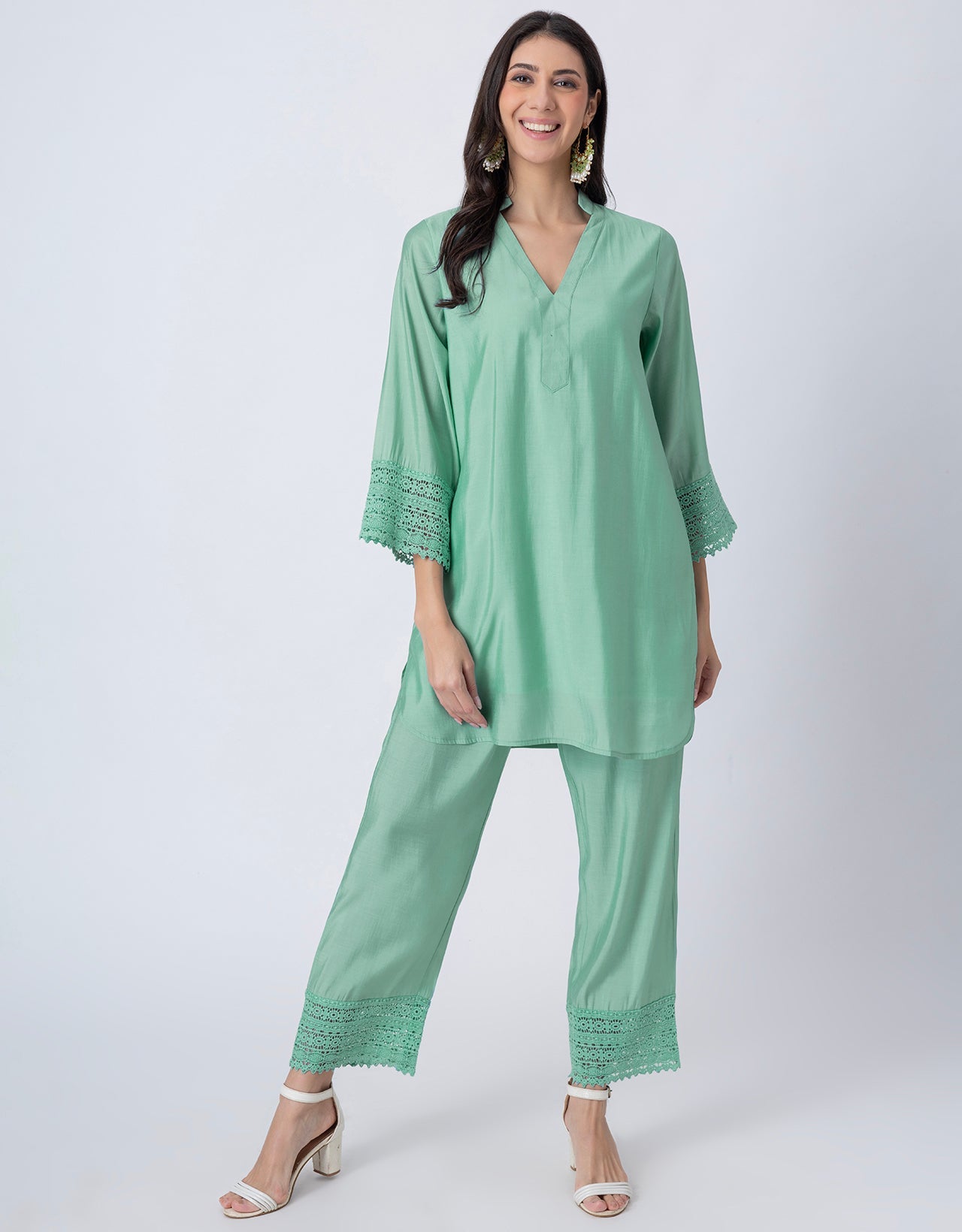 Women's Kurta and Pant Set Lace Detail Designer Co-ord Set