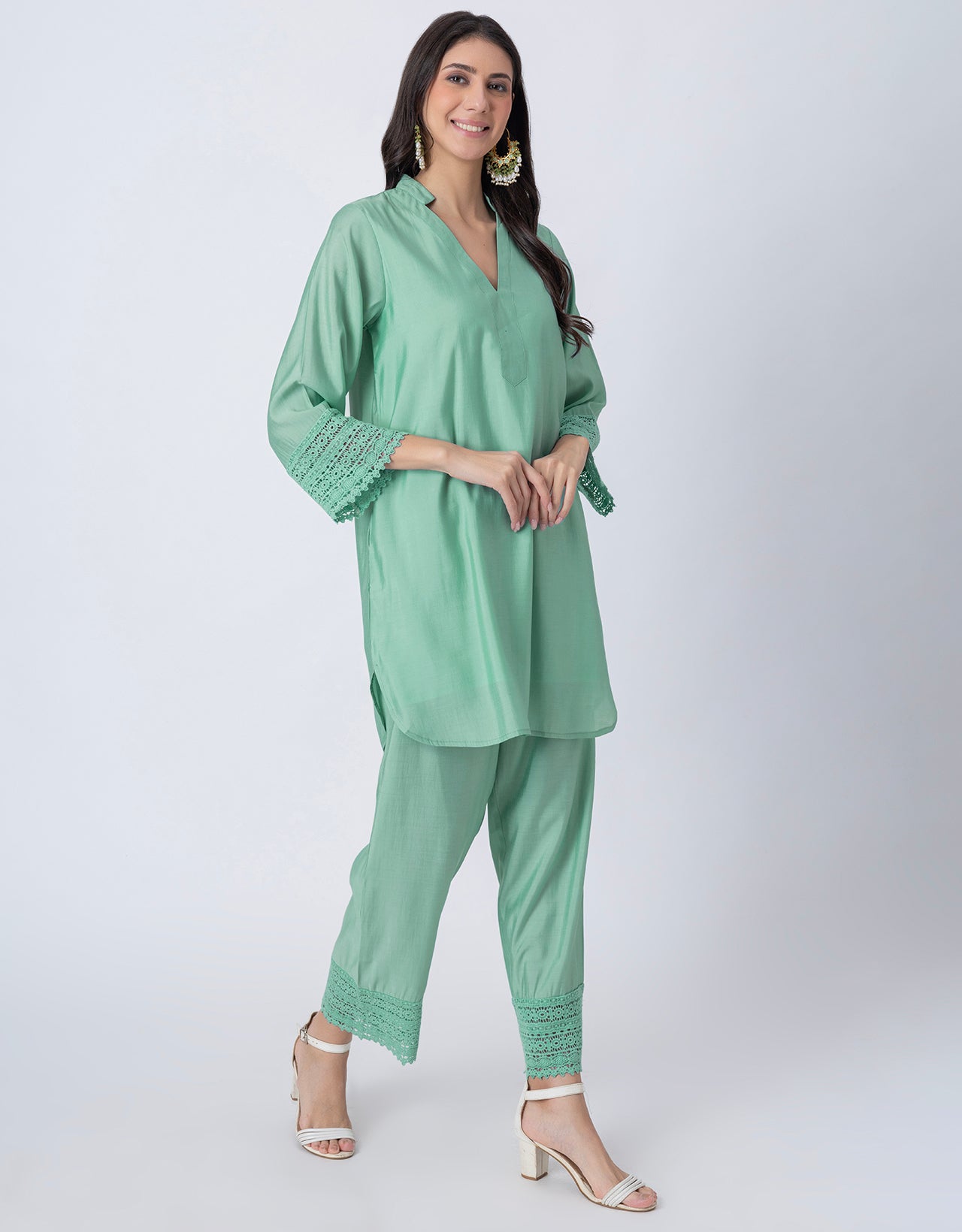 Women's Kurta and Pant Set Lace Detail Designer Co-ord Set