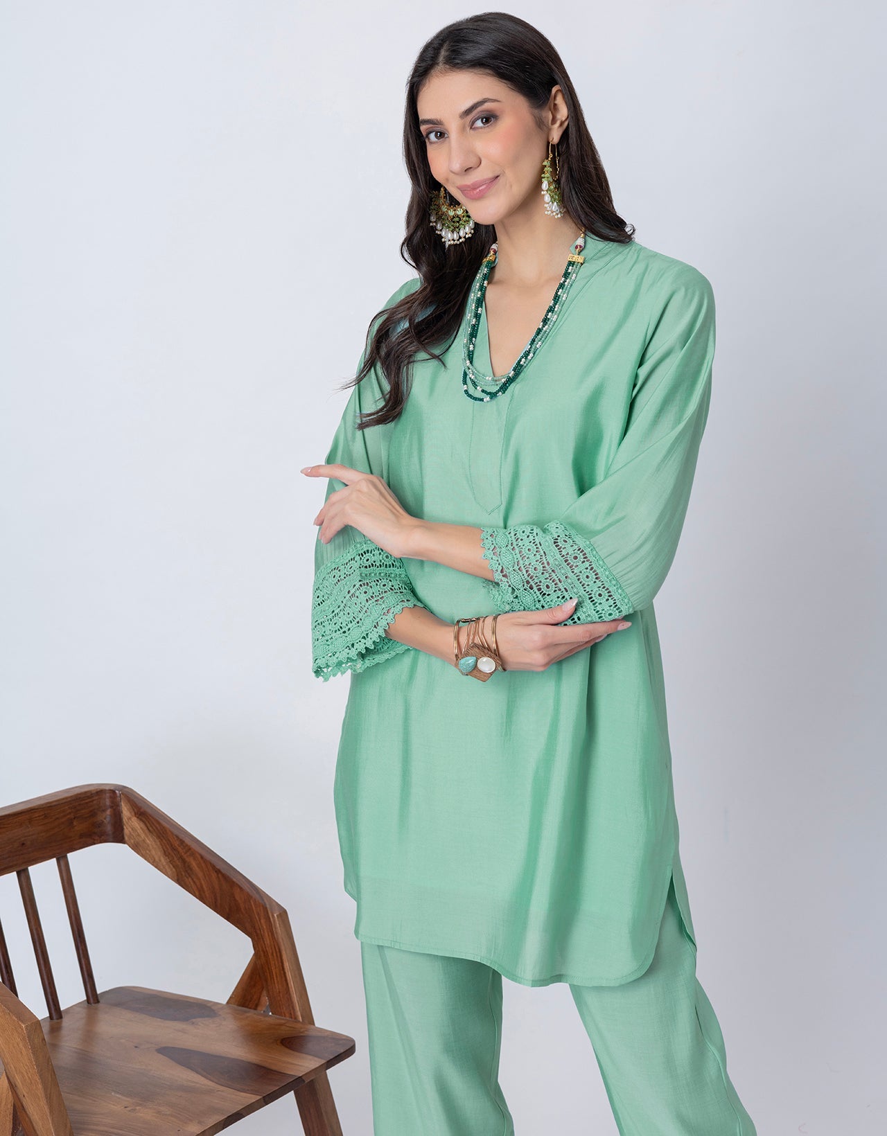 Women's Kurta and Pant Set Lace Detail Designer Co-ord Set