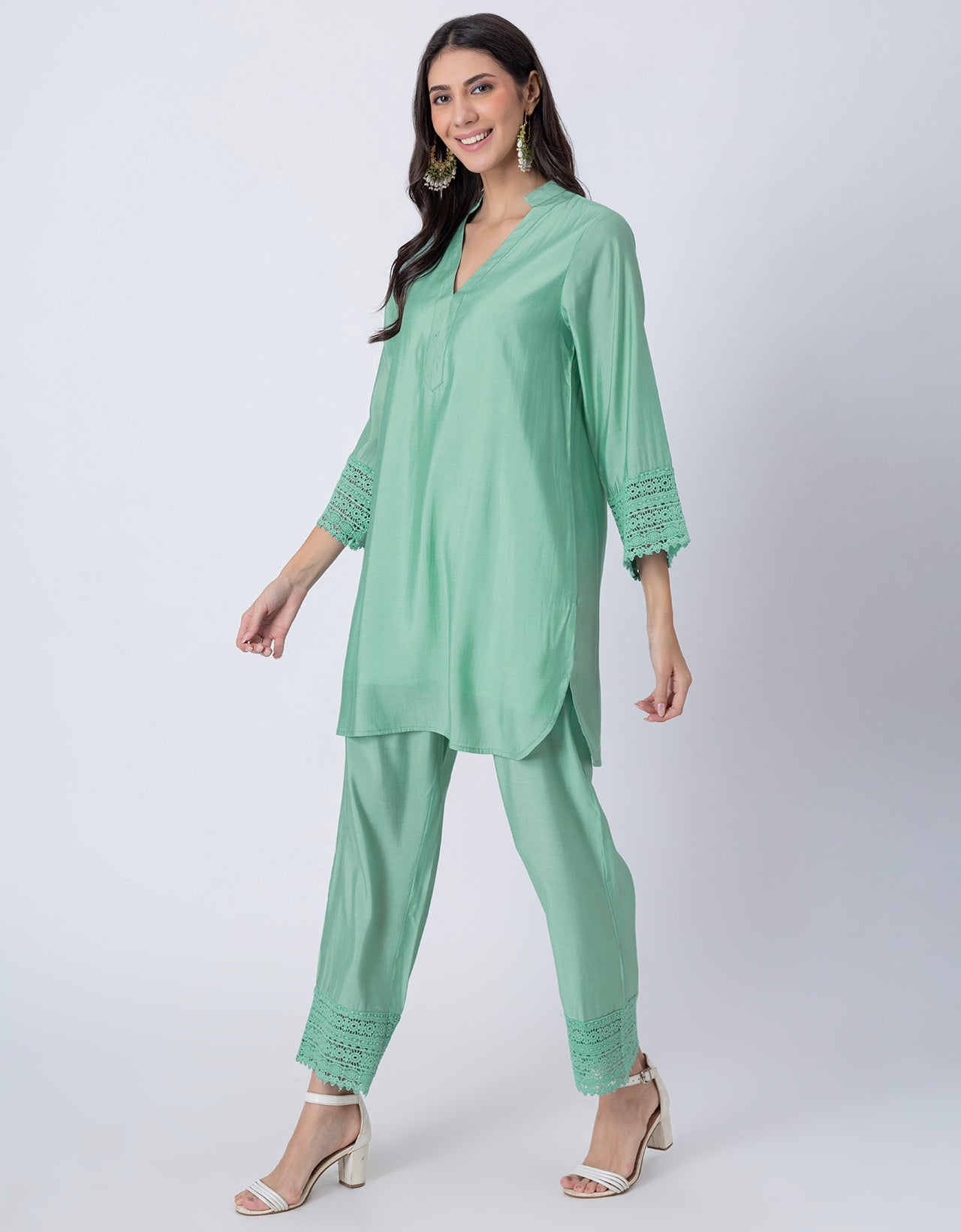 Women's Kurta and Pant Set Lace Detail Designer Co-ord Set