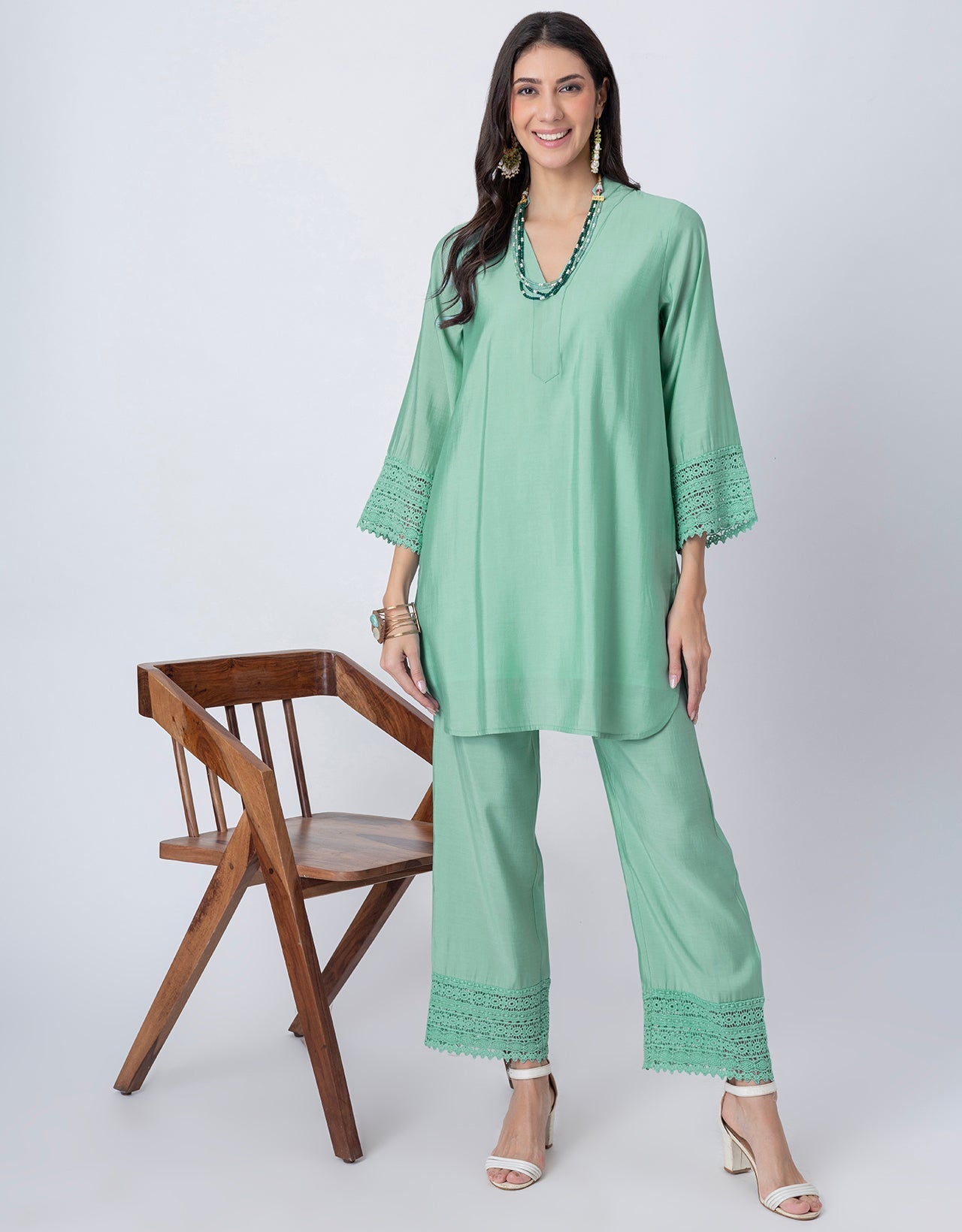 Women's Kurta and Pant Set Lace Detail Designer Co-ord Set
