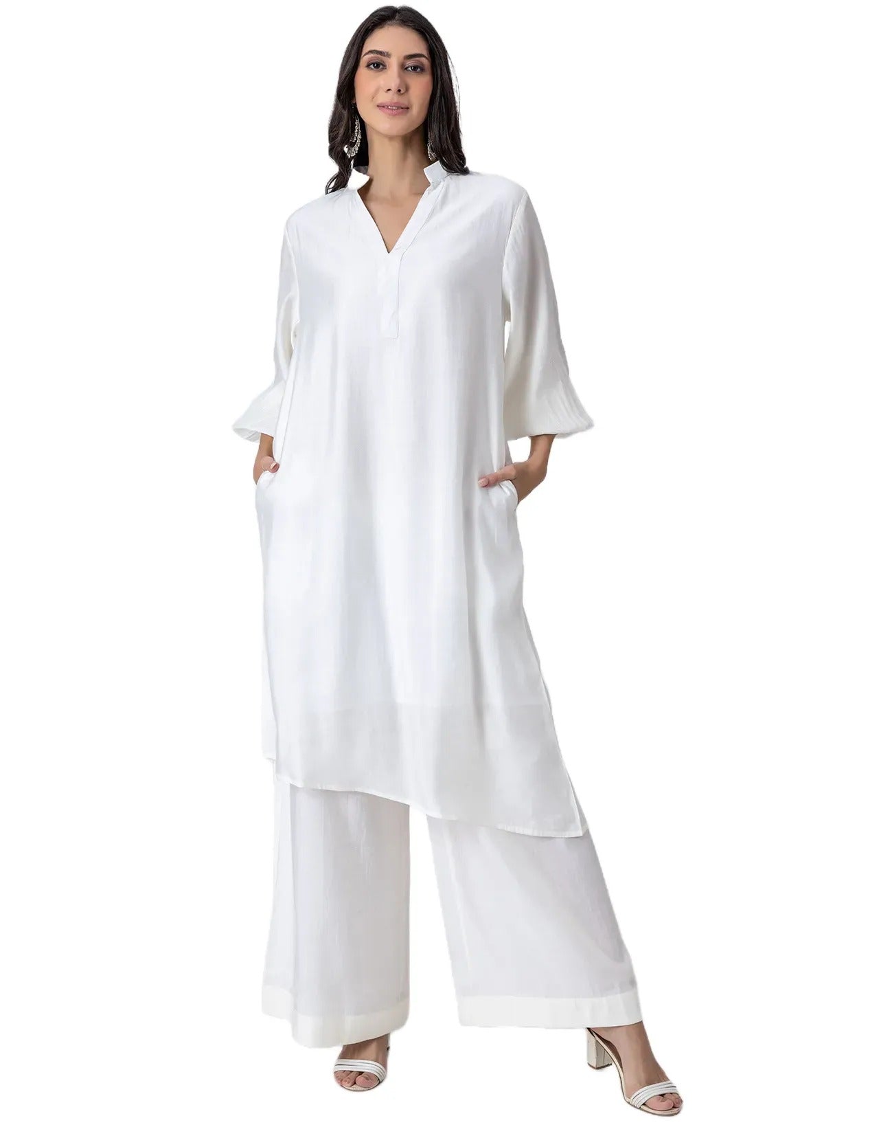 Solid Puffed Sleeve Women Kurta with Flared Palazzo Pants