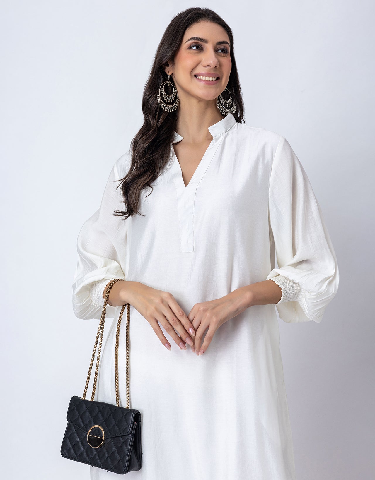 Solid Puffed Sleeve Women Kurta with Flared Palazzo Pants