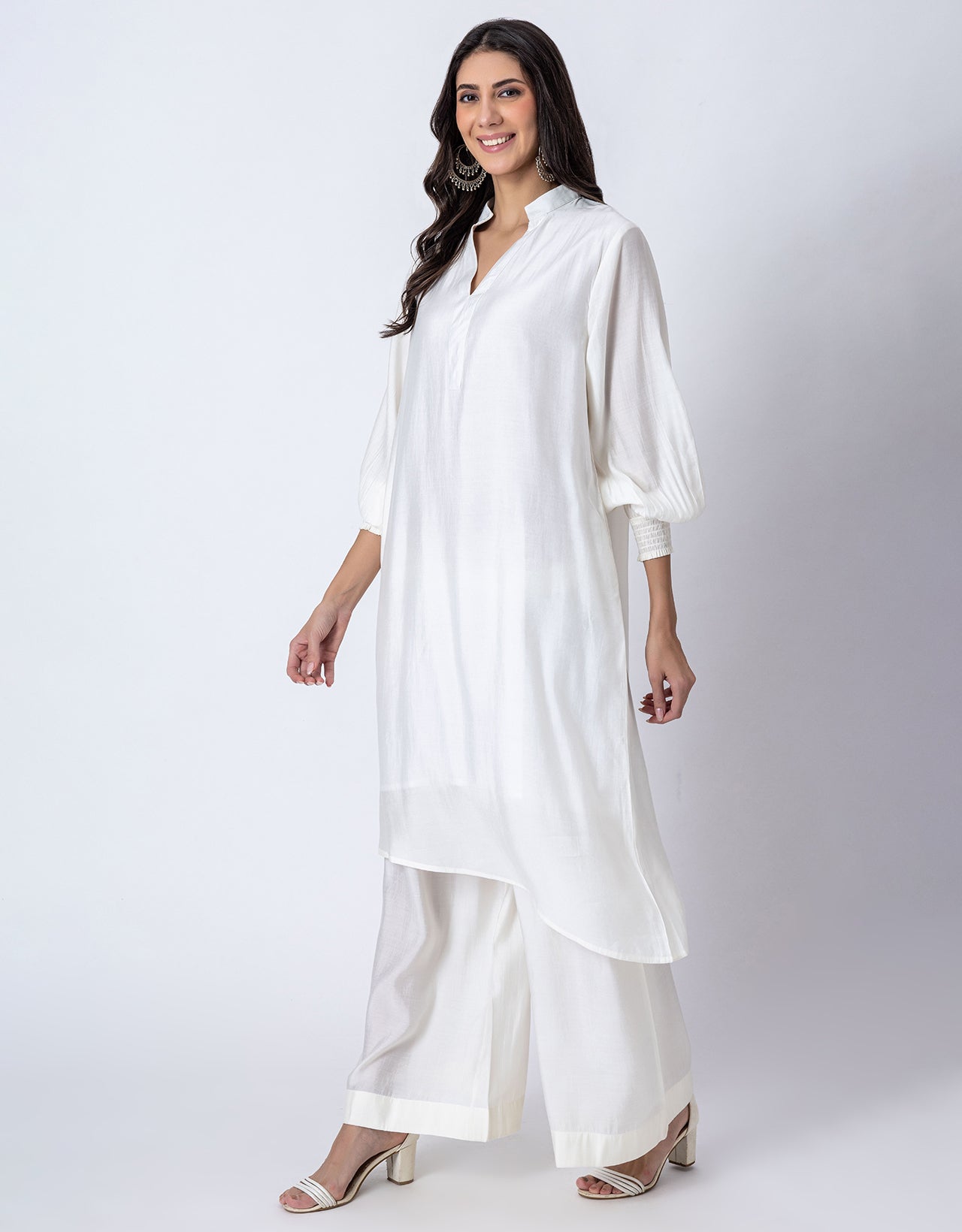 Solid Puffed Sleeve Women Kurta with Flared Palazzo Pants