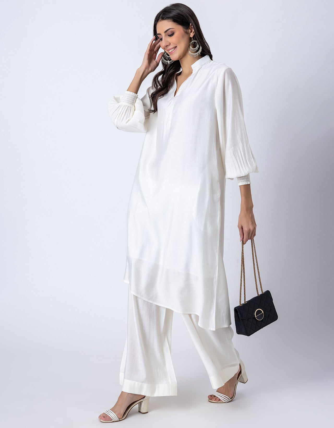 Solid Puffed Sleeve Women Kurta with Flared Palazzo Pants