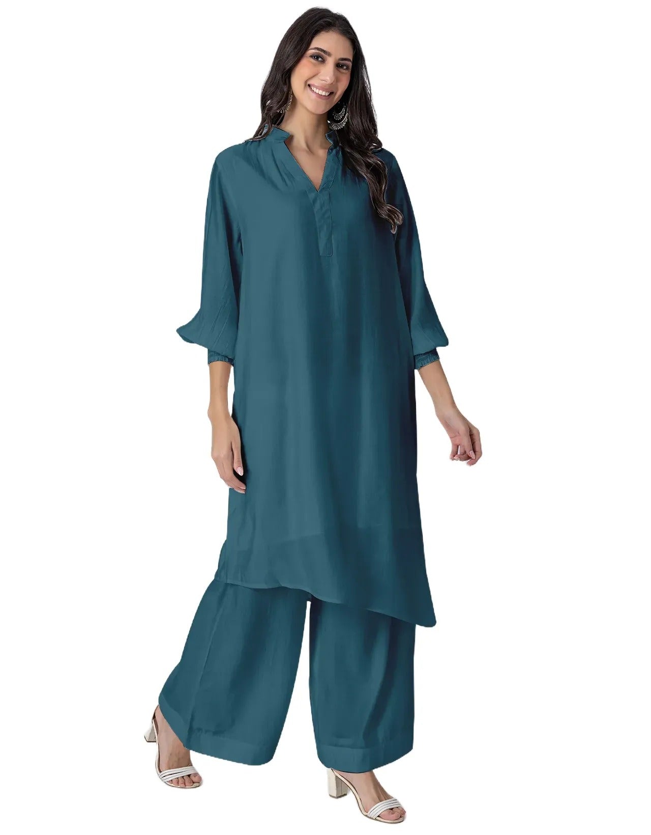 Solid Puffed Sleeve Women Kurta with Flared Palazzo Pants