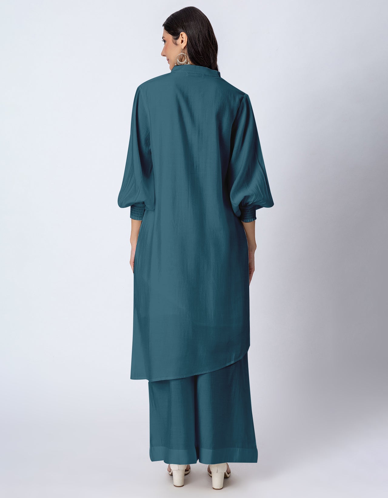 Solid Puffed Sleeve Women Kurta with Flared Palazzo Pants