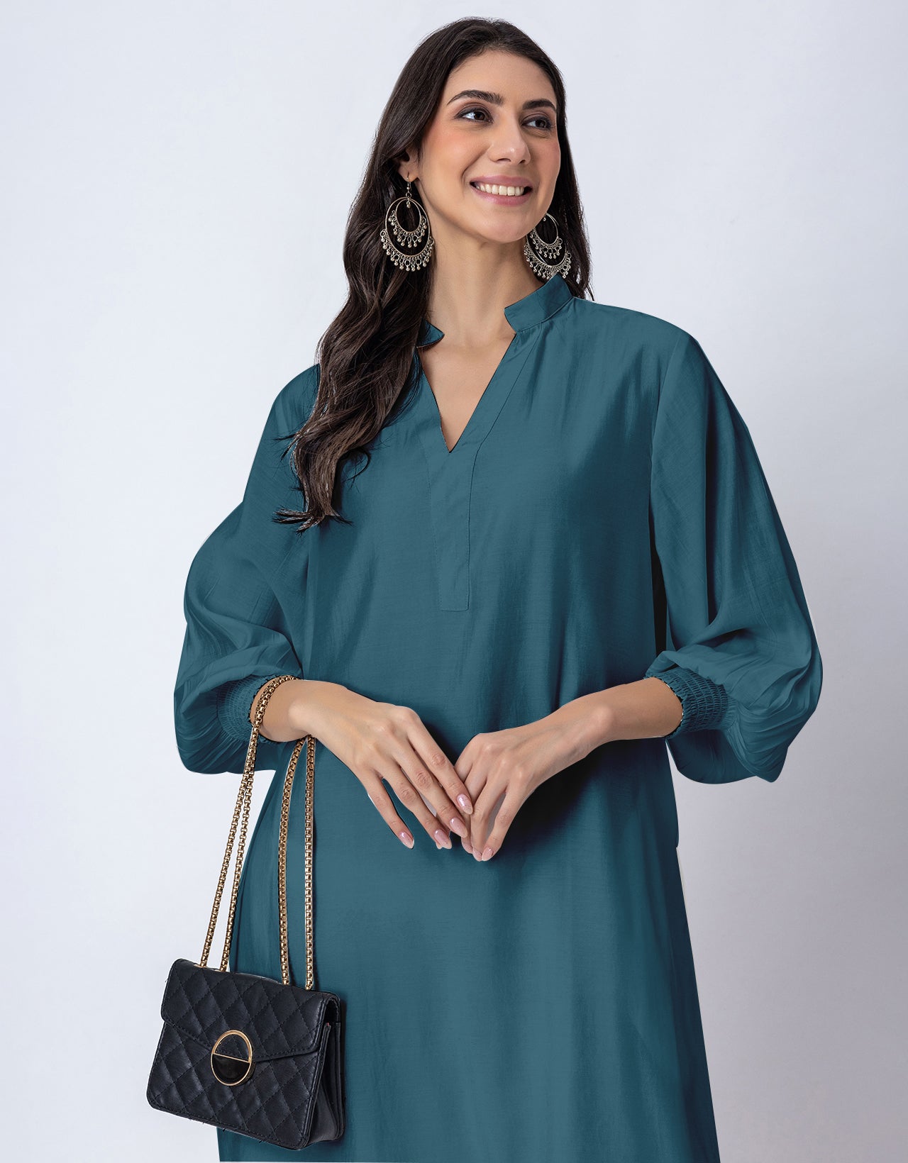 Solid Puffed Sleeve Women Kurta with Flared Palazzo Pants