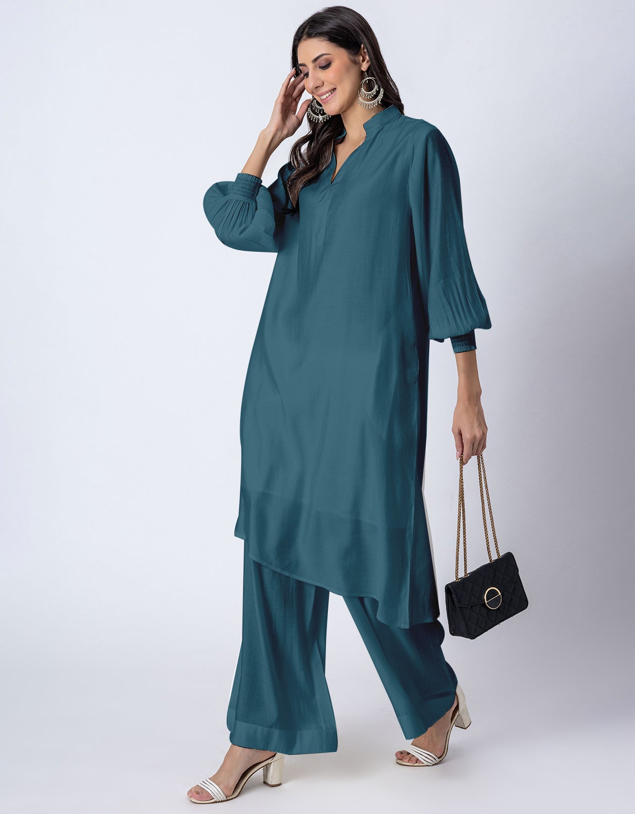 Solid Puffed Sleeve Women Kurta with Flared Palazzo Pants