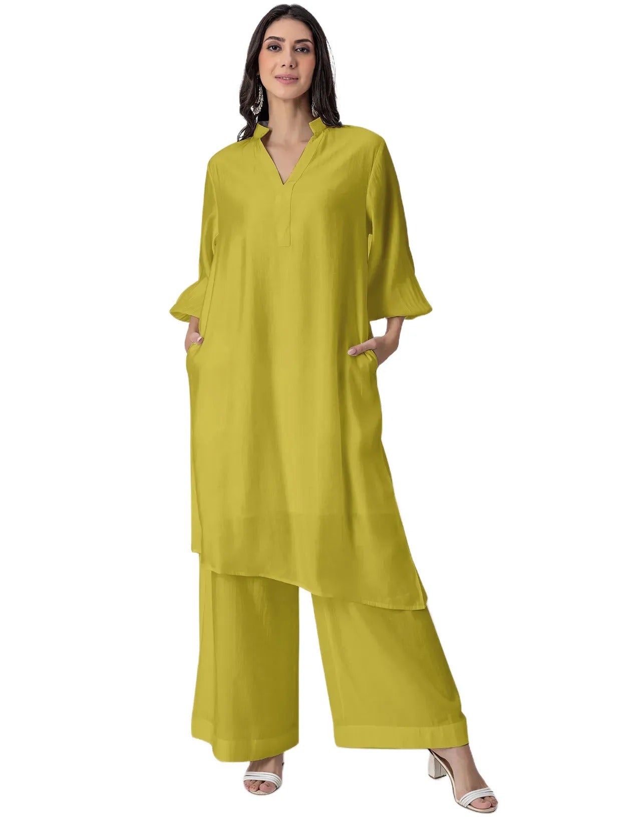 Solid Puffed Sleeve Women Kurta with Flared Palazzo Pants