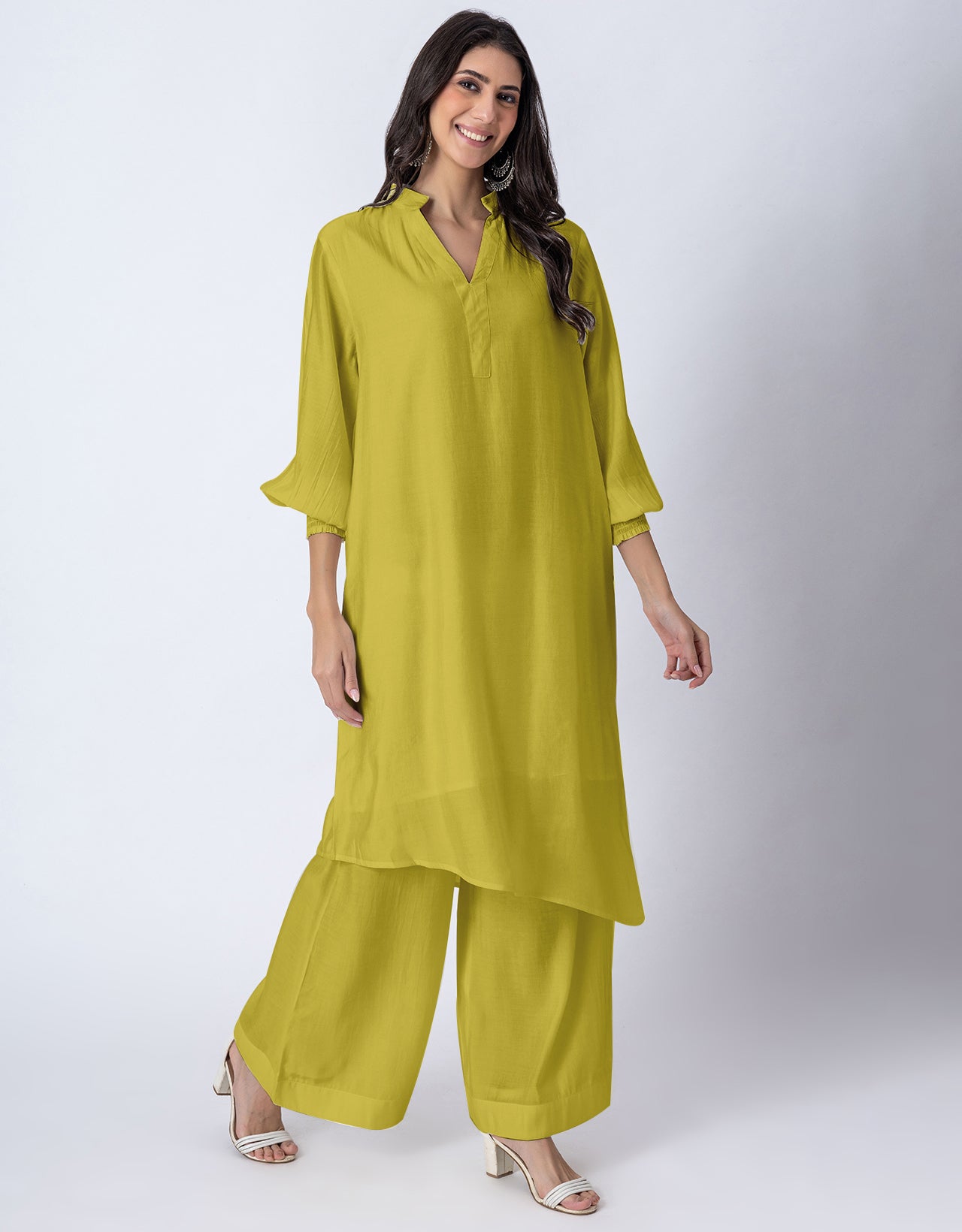 Solid Puffed Sleeve Women Kurta with Flared Palazzo Pants
