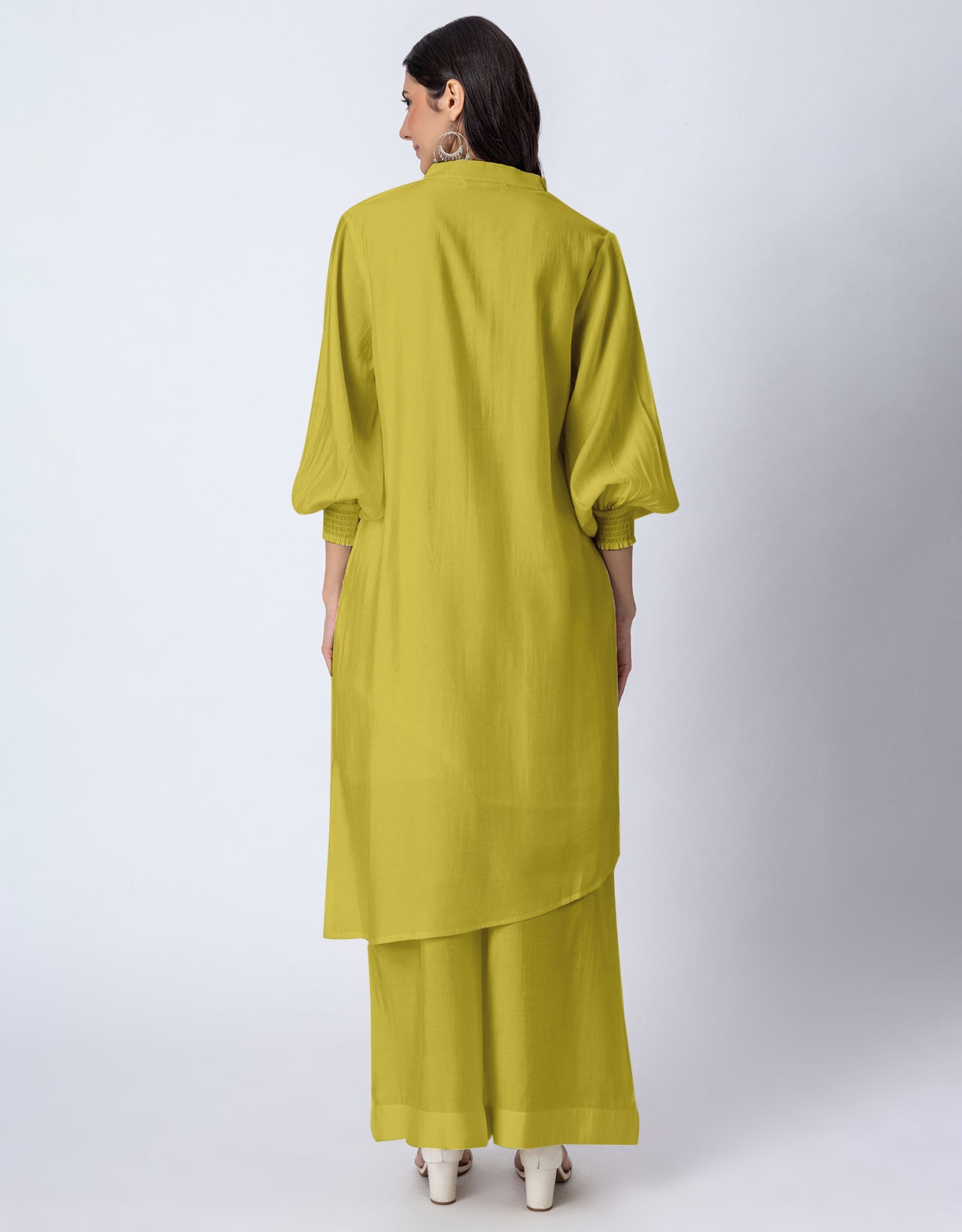 Solid Puffed Sleeve Women Kurta with Flared Palazzo Pants