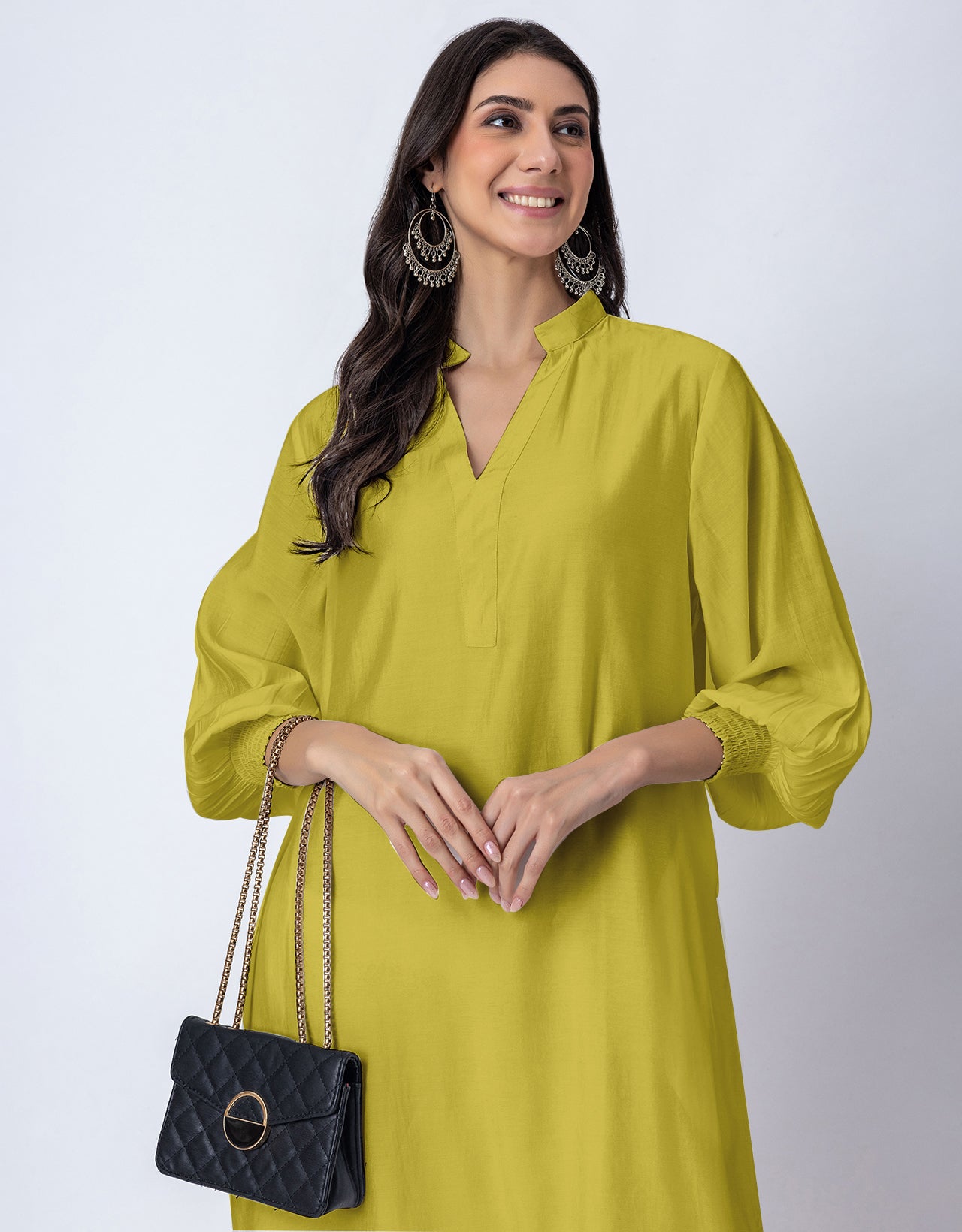 Solid Puffed Sleeve Women Kurta with Flared Palazzo Pants