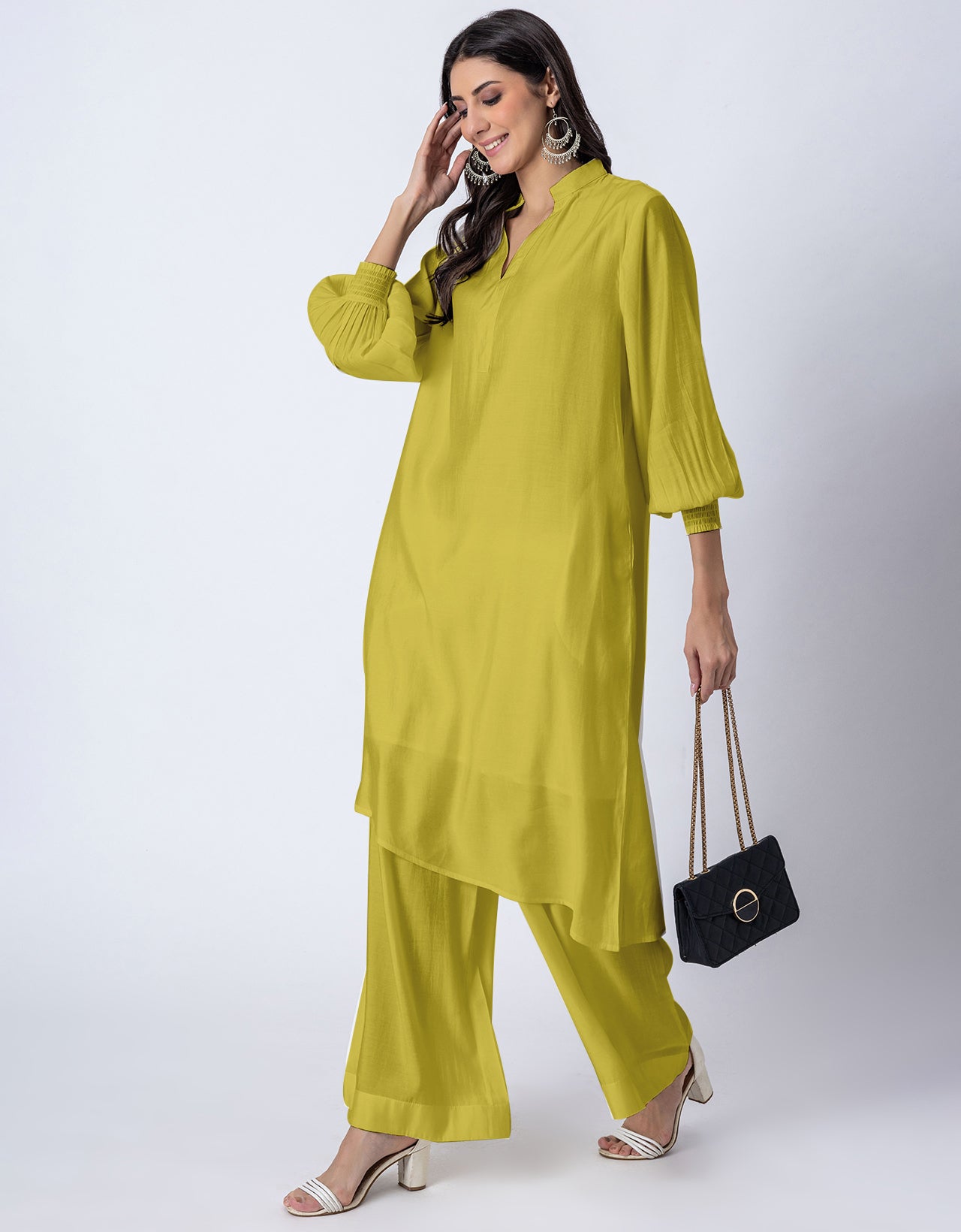 Solid Puffed Sleeve Women Kurta with Flared Palazzo Pants