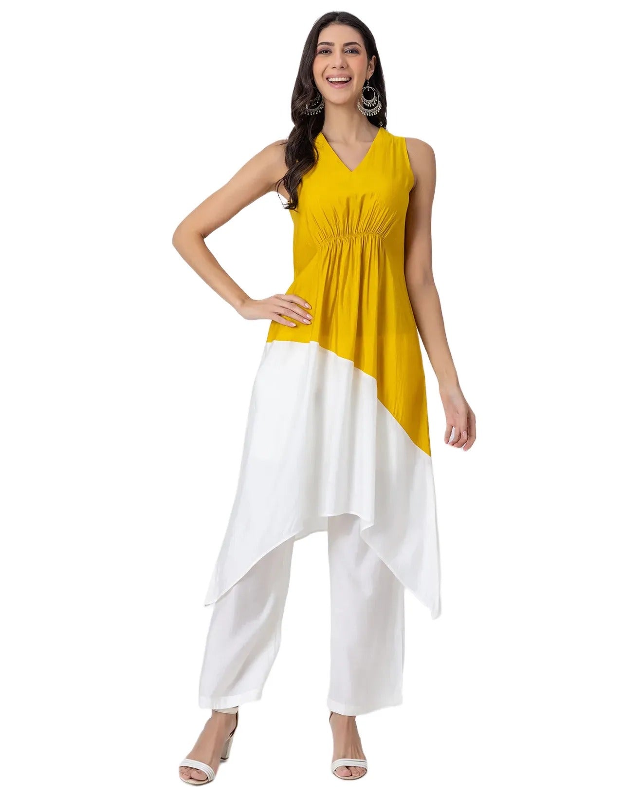 Asymmetric Indo-Western Coord Set, Color-Block Kurta with Pants