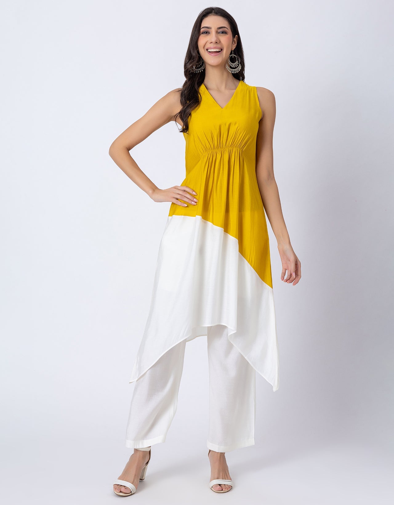 Asymmetric Indo-Western Coord Set, Color-Block Kurta with Pants