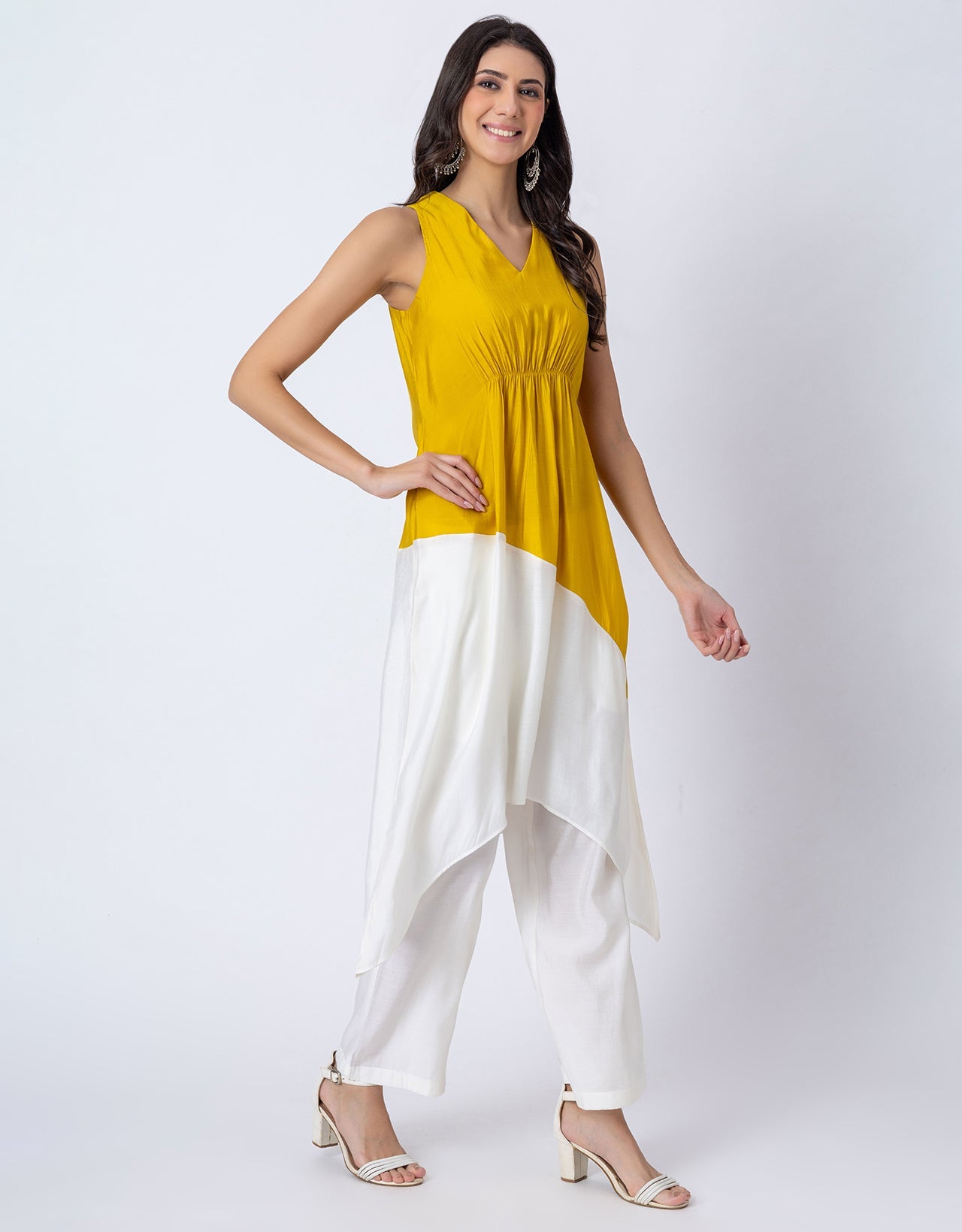 Asymmetric Indo-Western Coord Set, Color-Block Kurta with Pants