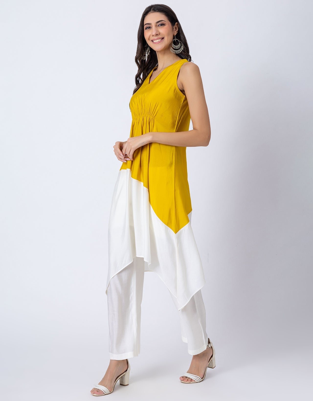 Asymmetric Indo-Western Coord Set, Color-Block Kurta with Pants