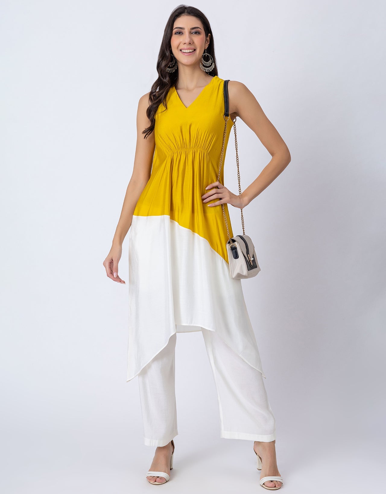 Asymmetric Indo-Western Coord Set, Color-Block Kurta with Pants