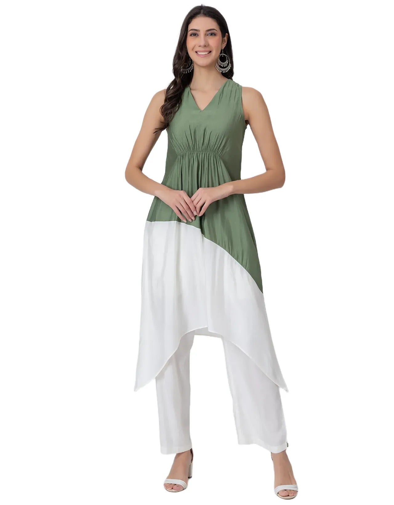 Asymmetric Indo-Western Coord Set, Color-Block Kurta with Pants