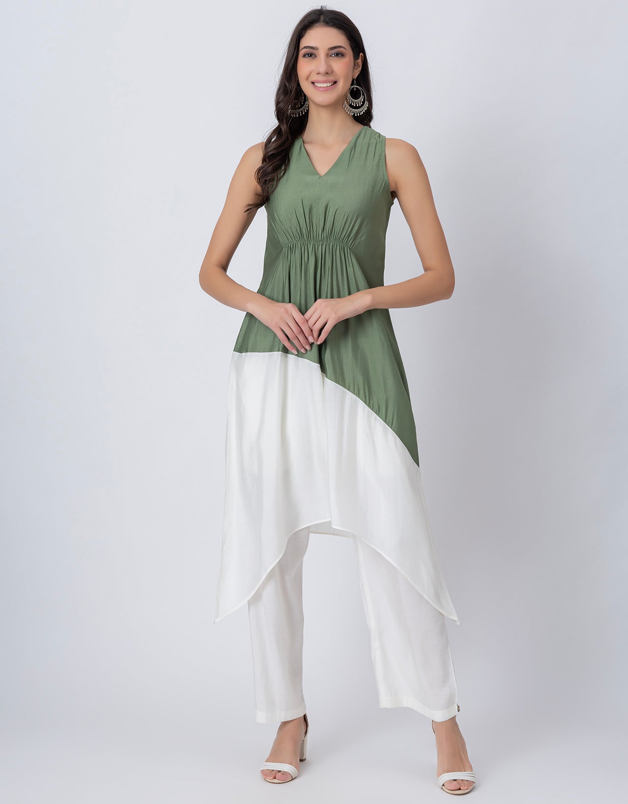 Asymmetric Indo-Western Coord Set, Color-Block Kurta with Pants