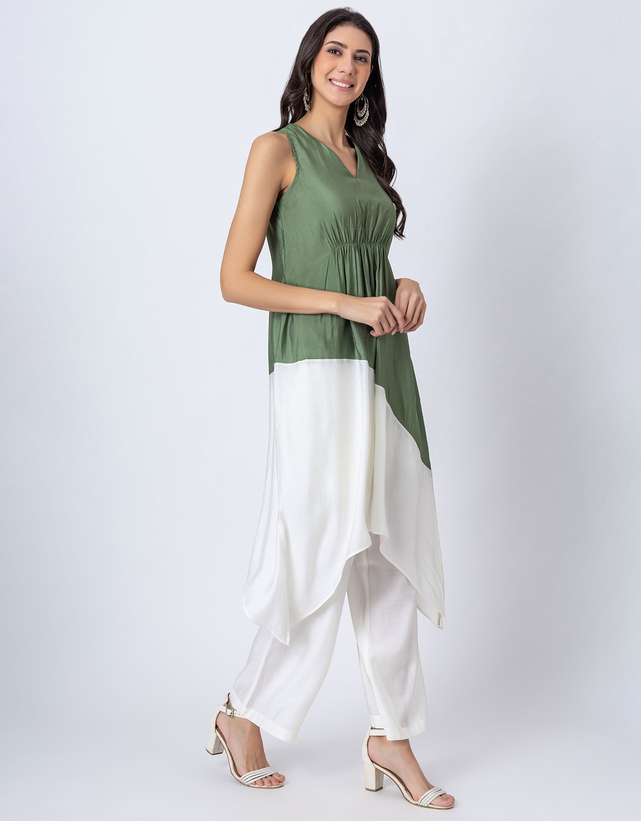 Asymmetric Indo-Western Coord Set, Color-Block Kurta with Pants