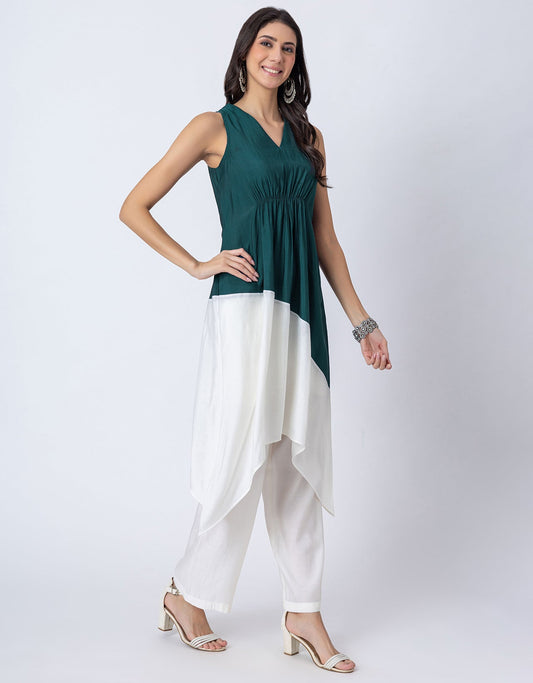 Asymmetric Indo-Western Coord Set, Color-Block Kurta with Pants