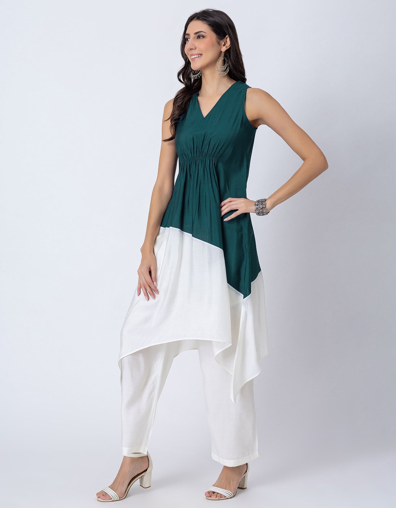 Asymmetric Indo-Western Coord Set, Color-Block Kurta with Pants