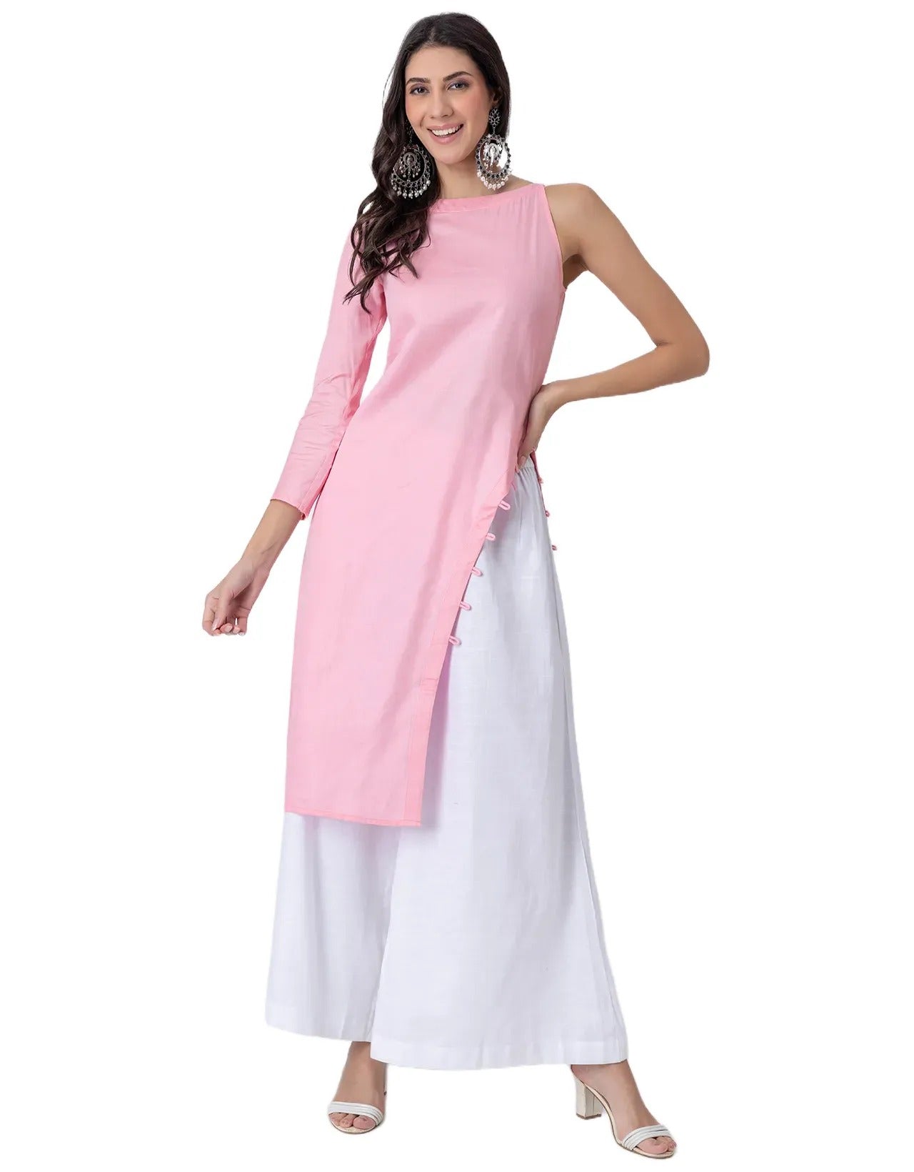 Solid One Shoulder Kurta with Palazzo, Indo-Western Fusion Wear