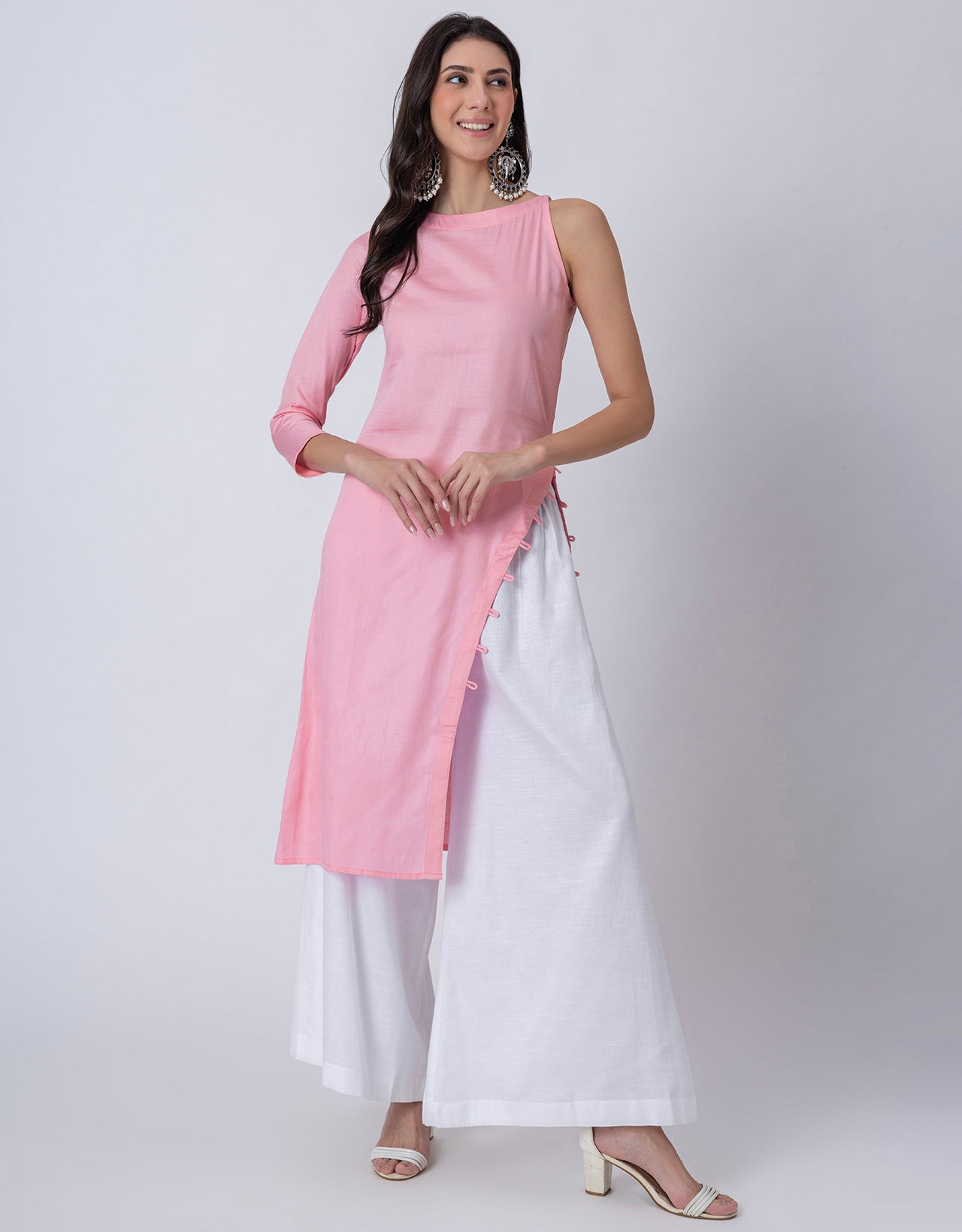 Solid One Shoulder Kurta with Palazzo, Indo-Western Fusion Wear