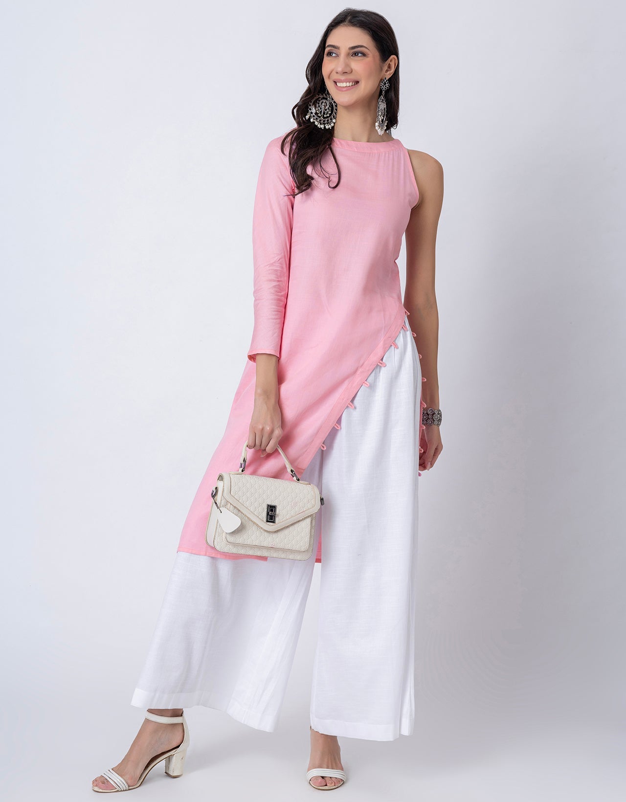 Solid One Shoulder Kurta with Palazzo, Indo-Western Fusion Wear