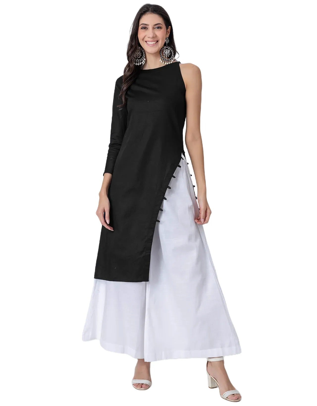 Solid One Shoulder Kurta with Palazzo, Indo-Western Fusion Wear