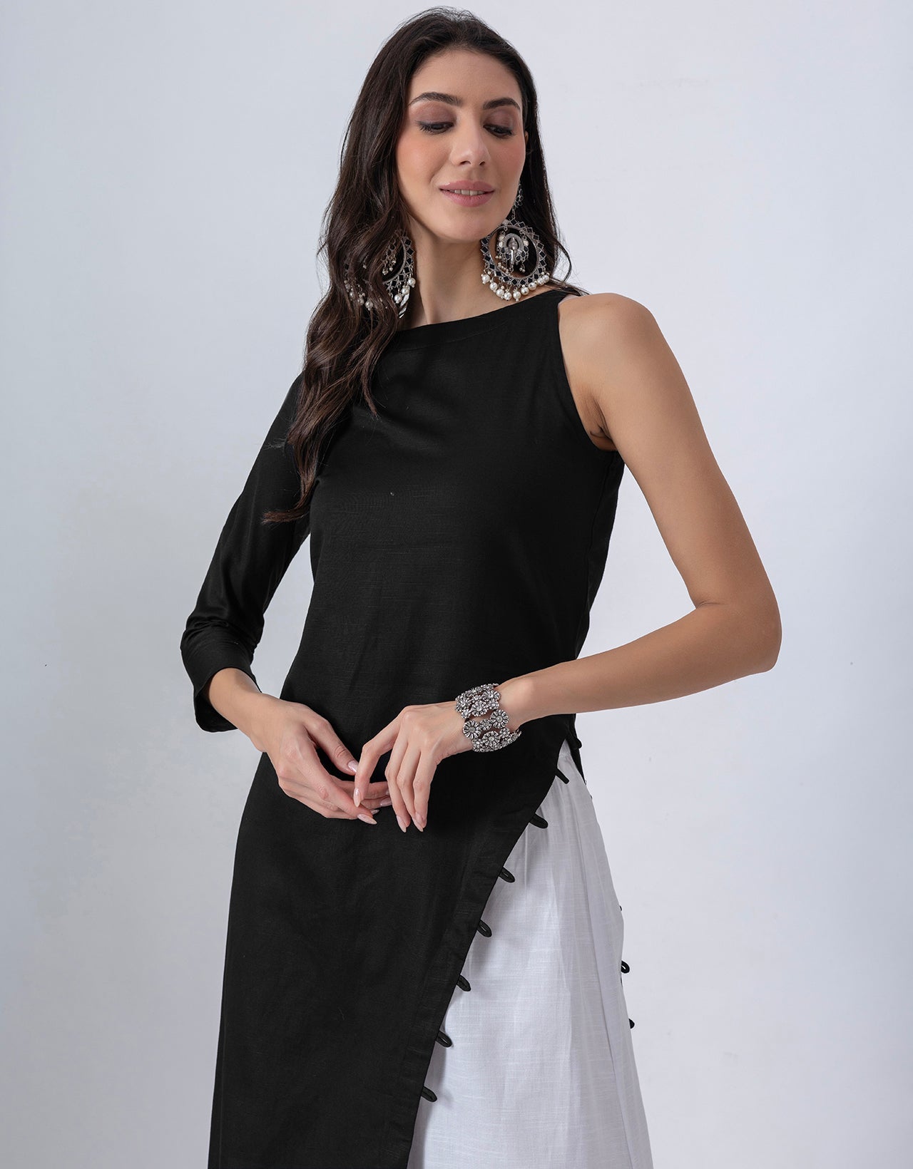 Solid One Shoulder Kurta with Palazzo, Indo-Western Fusion Wear