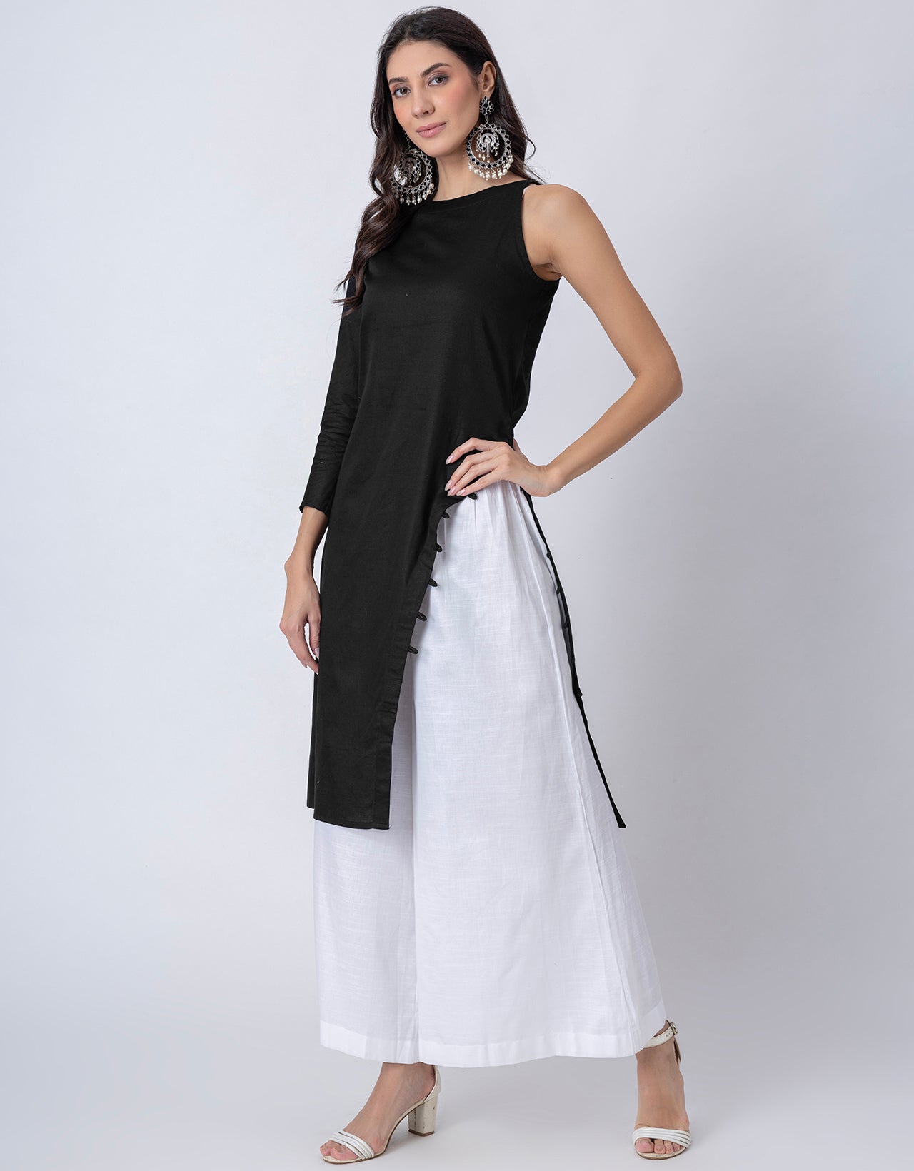 Solid One Shoulder Kurta with Palazzo, Indo-Western Fusion Wear