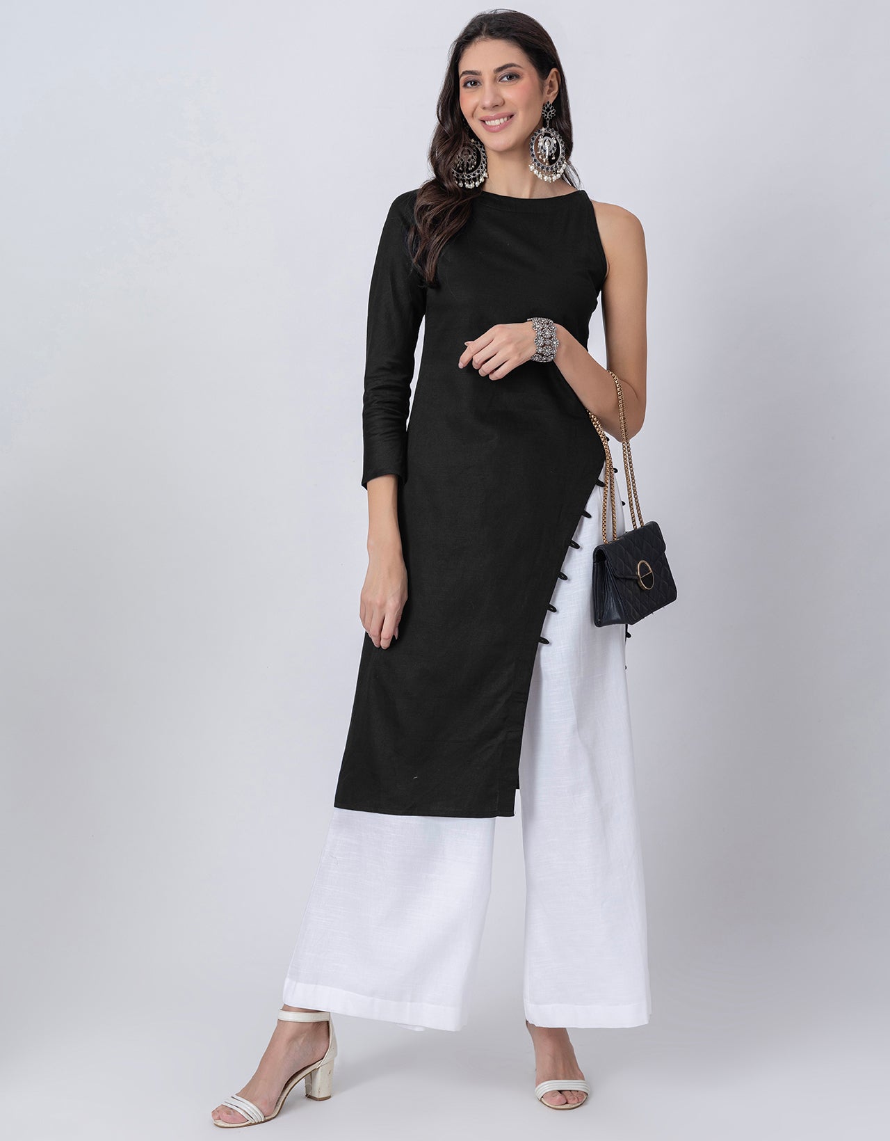 Solid One Shoulder Kurta with Palazzo, Indo-Western Fusion Wear