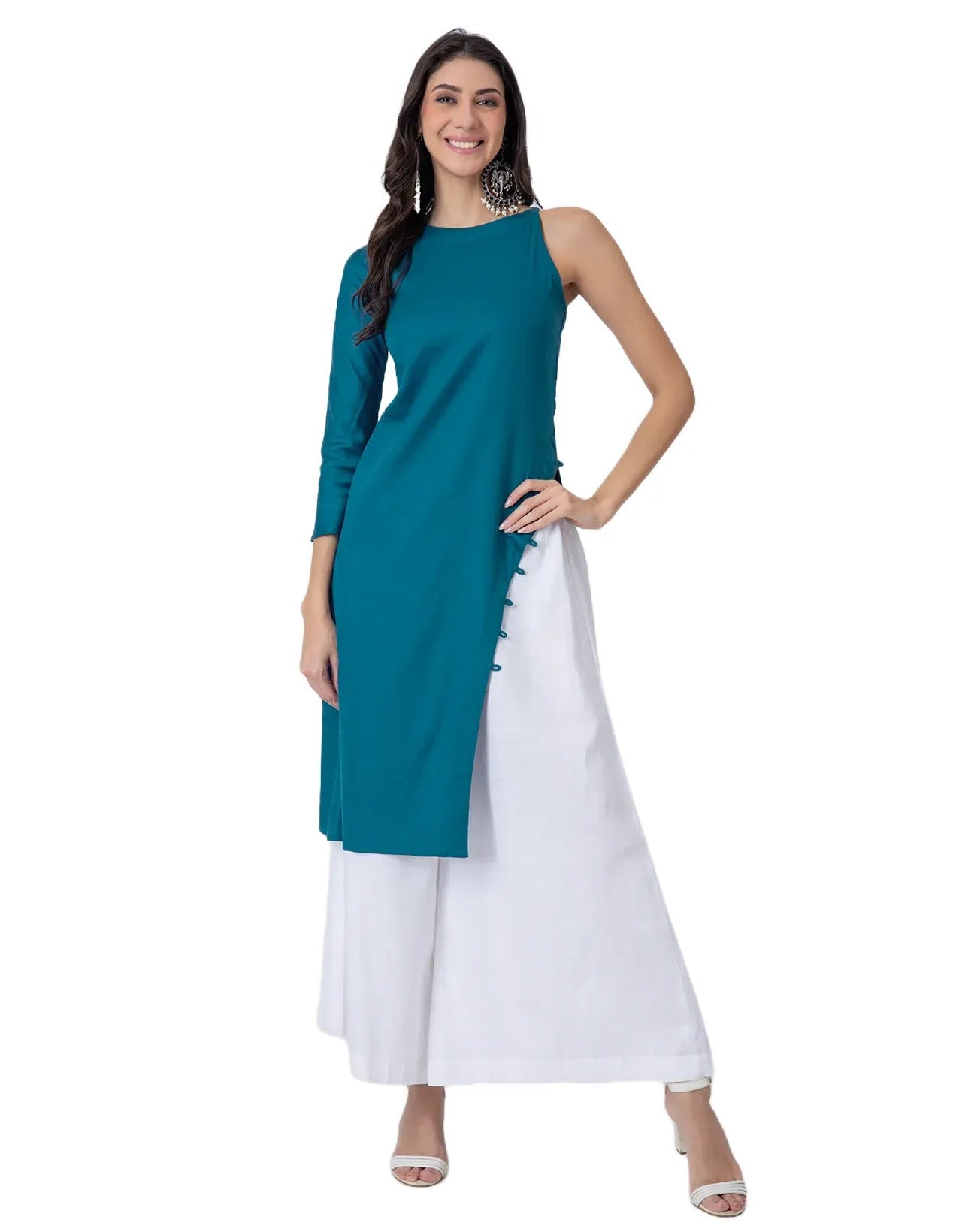 Solid One Shoulder Kurta with Palazzo, Indo-Western Fusion Wear