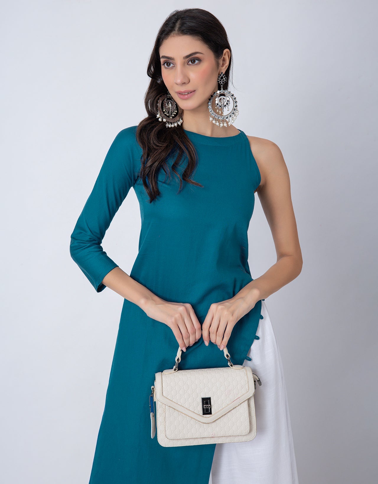 Solid One Shoulder Kurta with Palazzo, Indo-Western Fusion Wear