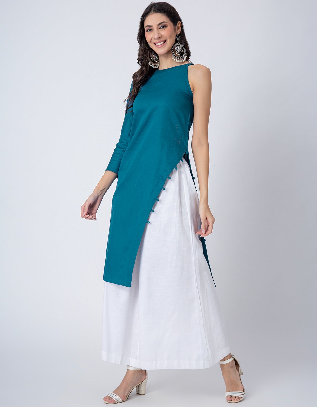 Solid One Shoulder Kurta with Palazzo, Indo-Western Fusion Wear