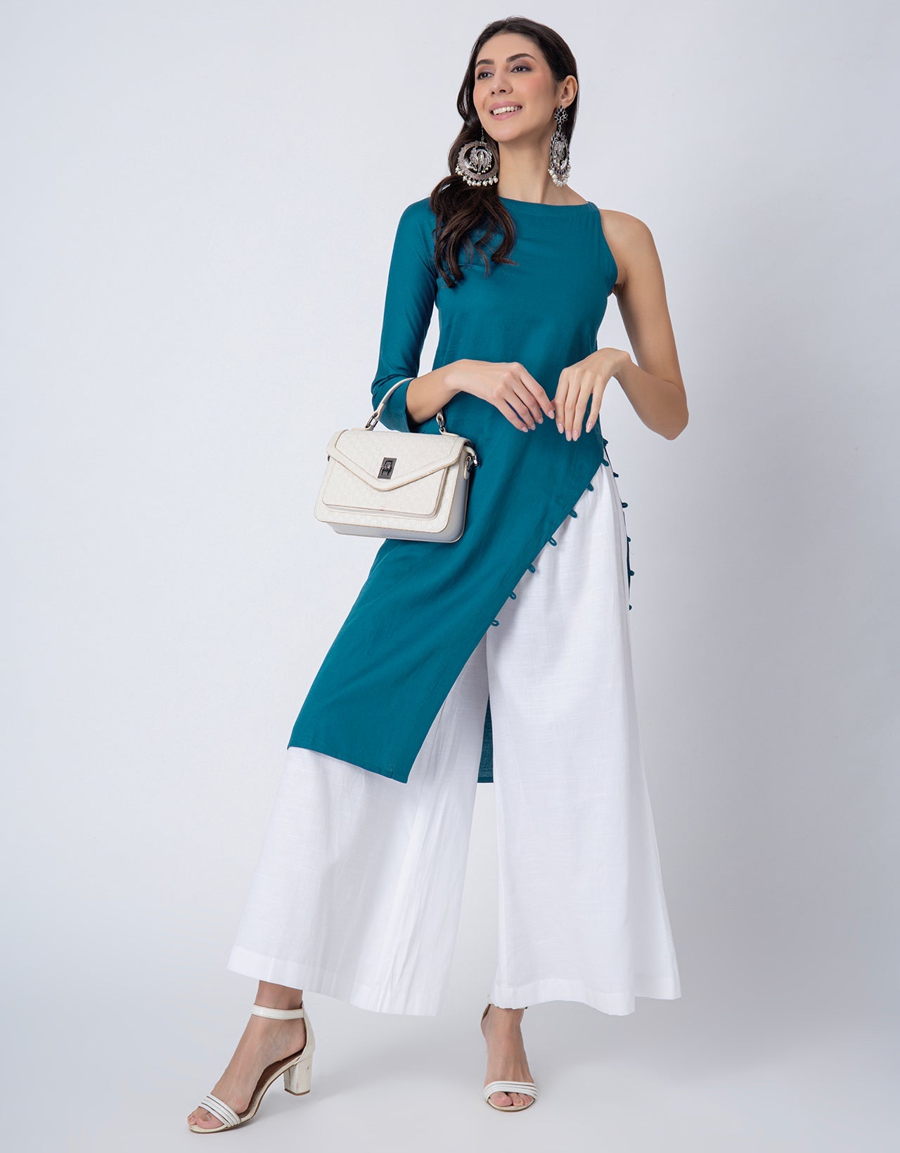 Solid One Shoulder Kurta with Palazzo, Indo-Western Fusion Wear
