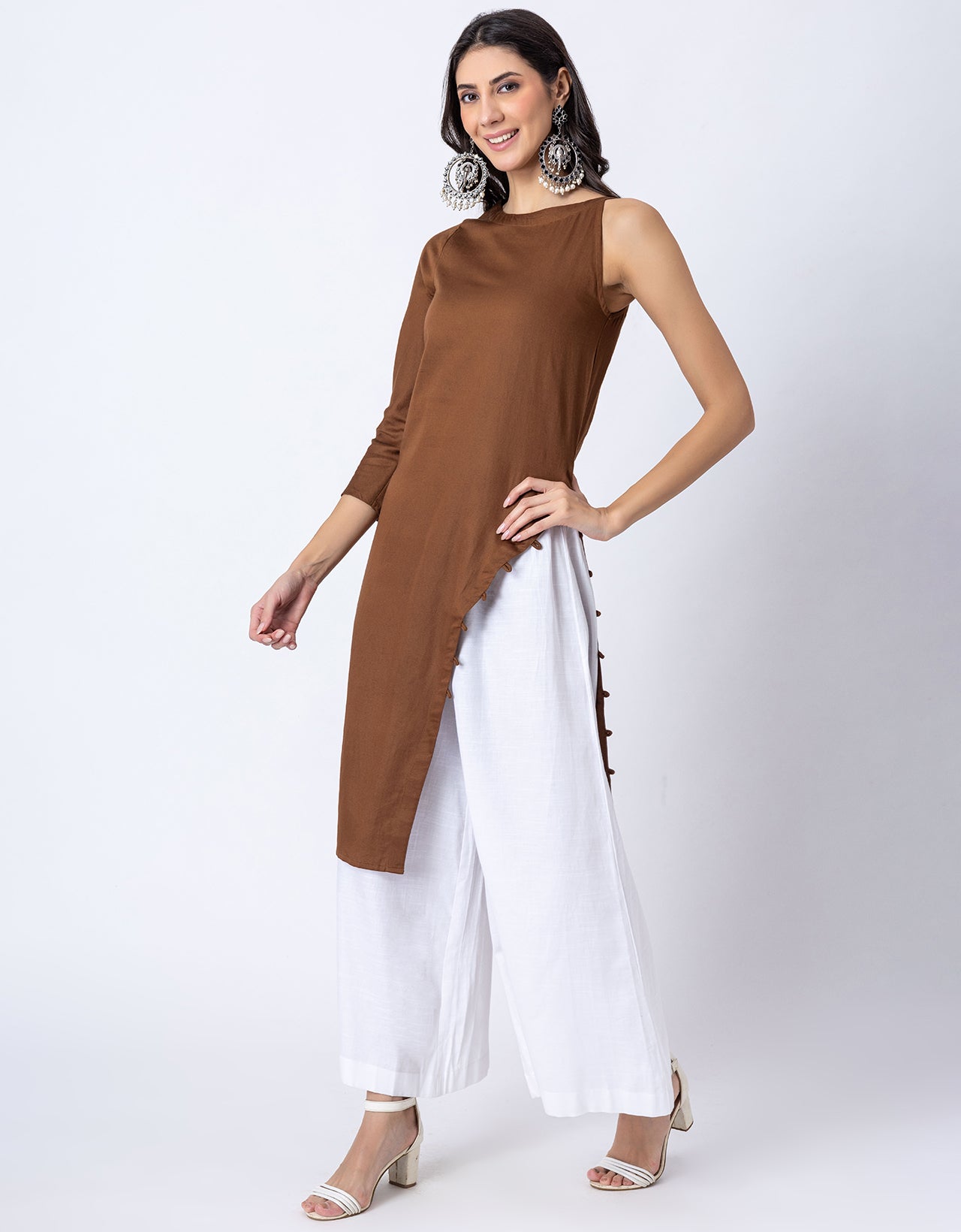 Solid One Shoulder Kurta with Palazzo, Indo-Western Fusion Wear