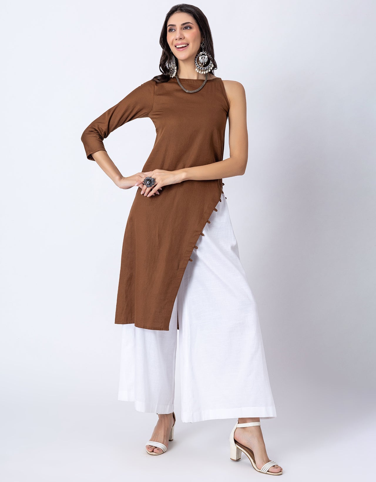 Solid One Shoulder Kurta with Palazzo, Indo-Western Fusion Wear