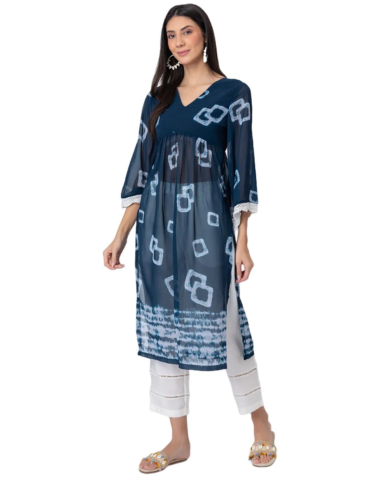 Indo-Western 2 Pc Co-ord Set, Sheer Kurta and Pant Set