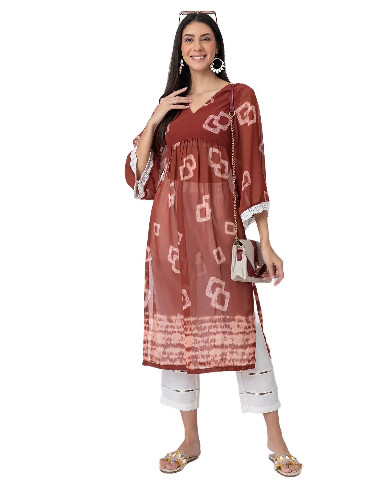 Indo-Western 2 Pc Co-ord Set, Sheer Kurta and Pant Set