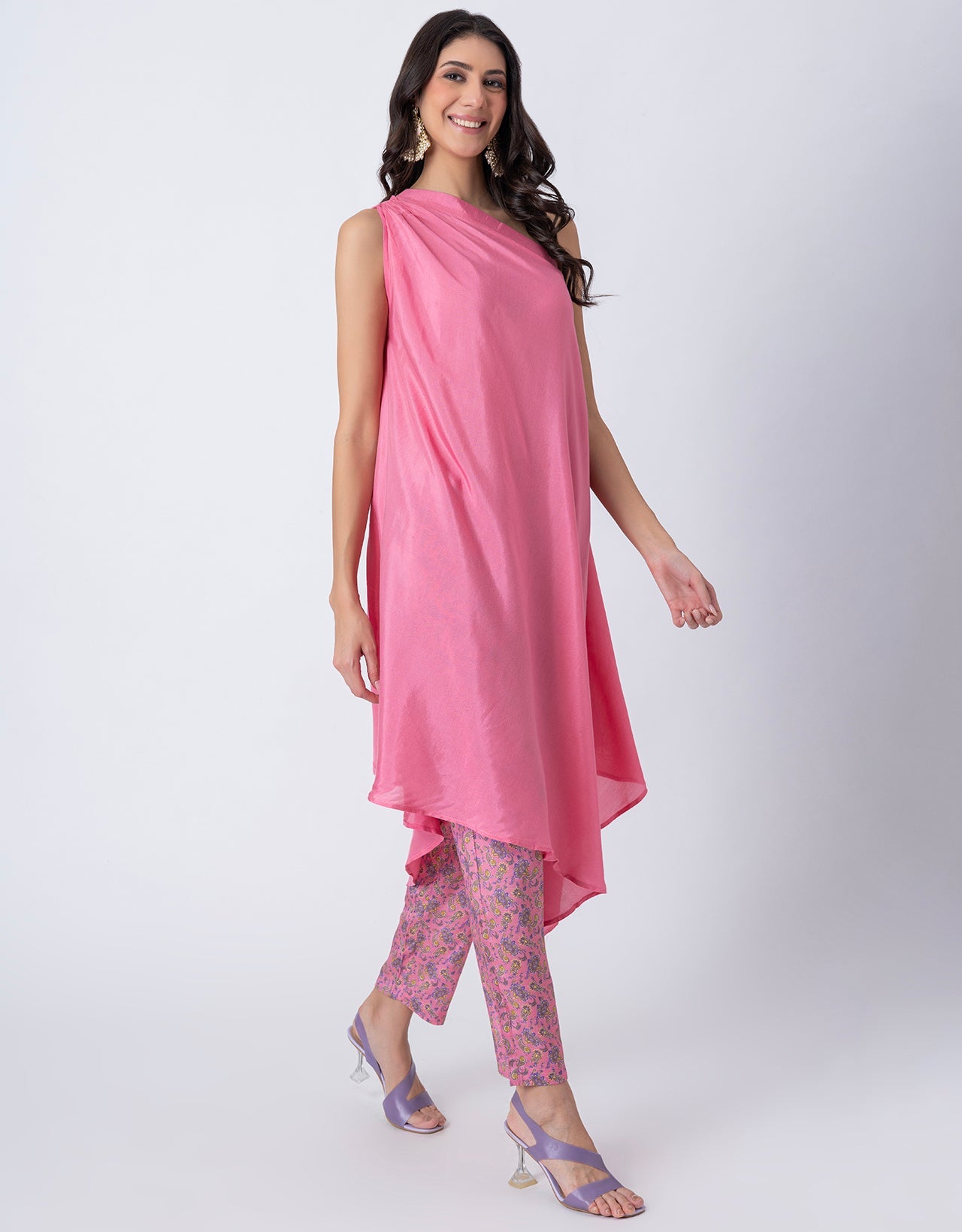 One Shoulder Sleeveless Kurta Pant Set For Women