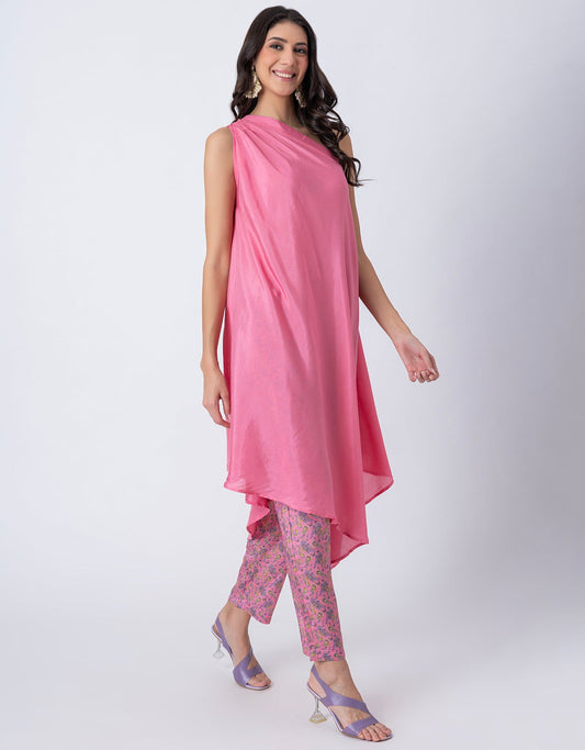 One Shoulder Sleeveless Kurta Pant Set For Women