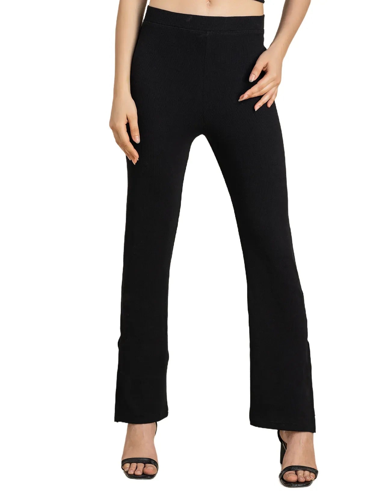 Solid Women Knit Ribbed Bootcut Pants